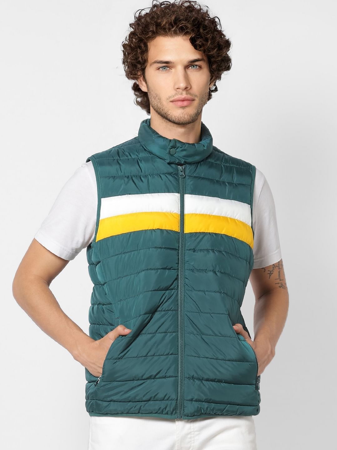 Green Colourblocked High Neck Puffer Jacket