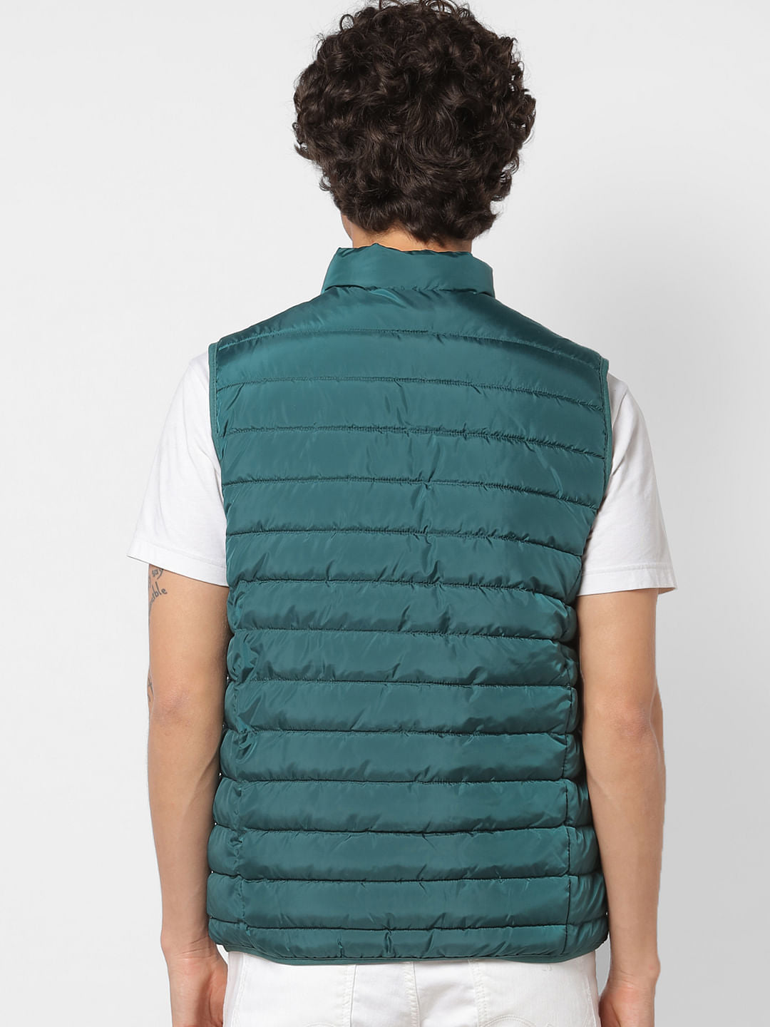 Green Colourblocked High Neck Puffer Jacket