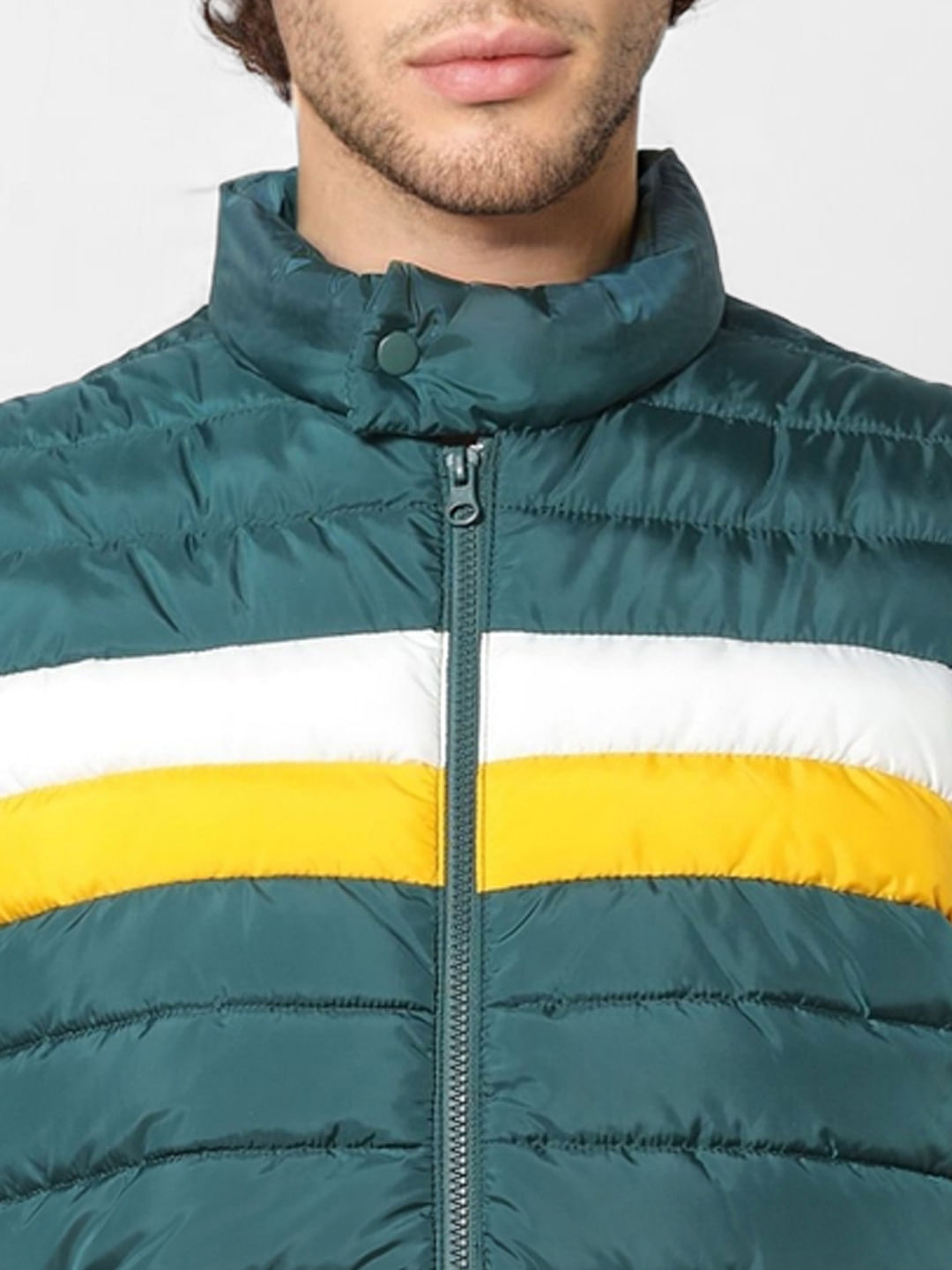 Green Colourblocked High Neck Puffer Jacket
