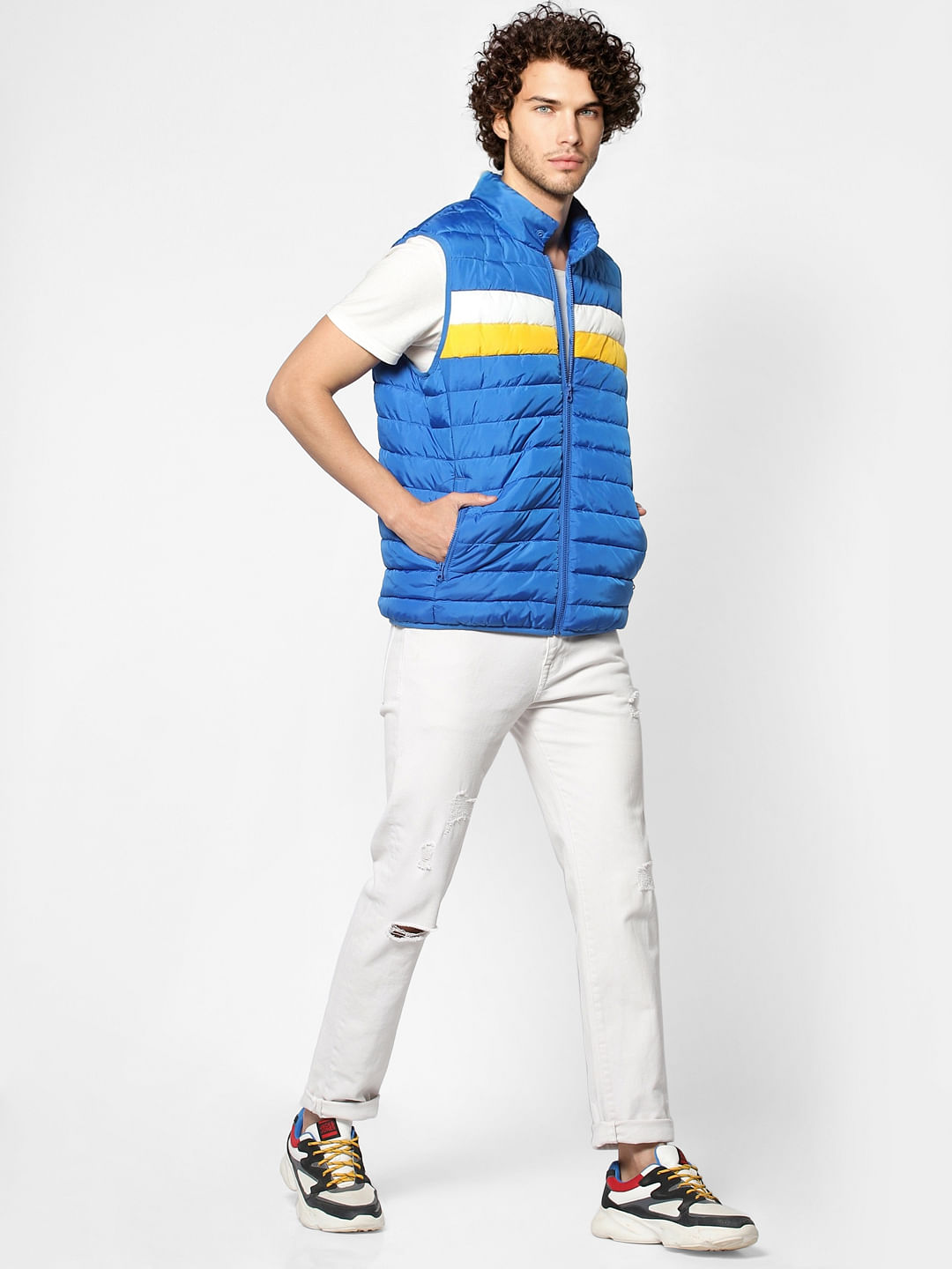 Blue Colourblocked Sleeveless Puffer Jacket - S