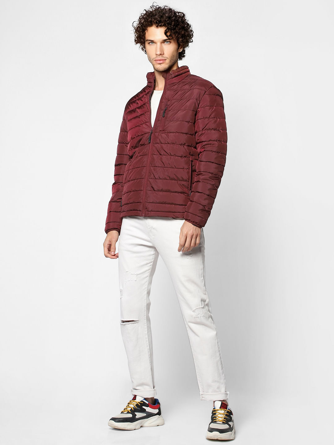 Burgundy Stand Up Collar Puffer Jacket - S