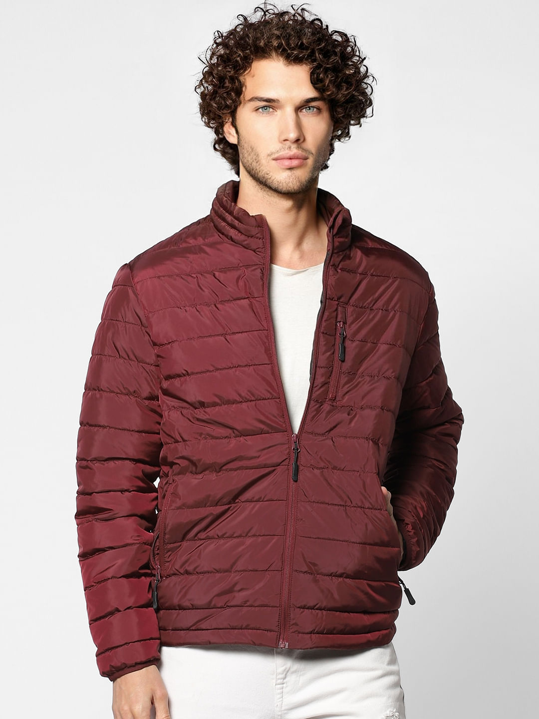 Burgundy Stand Up Collar Puffer Jacket