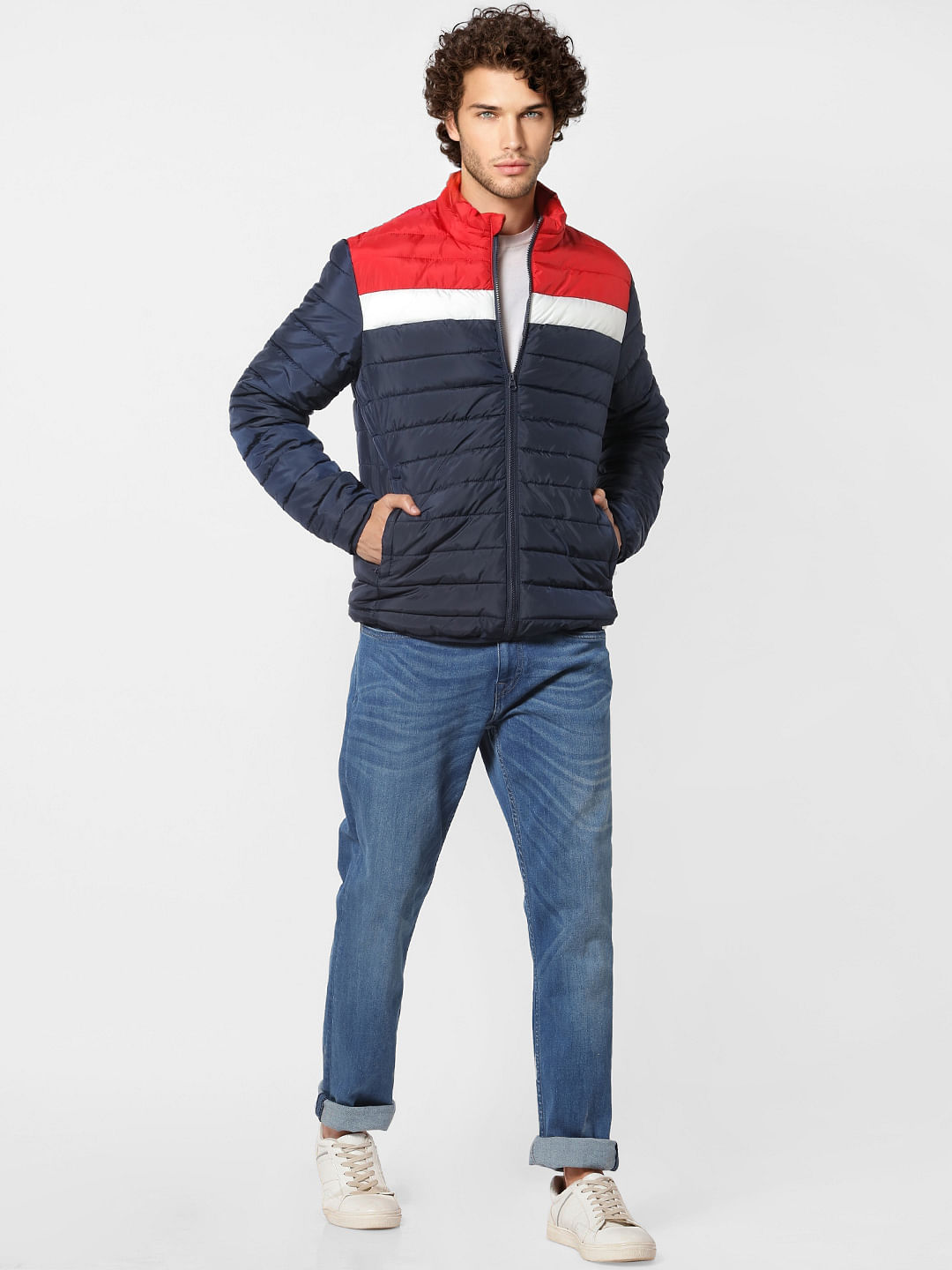 Blue Colourblocked Puffer Jacket - S
