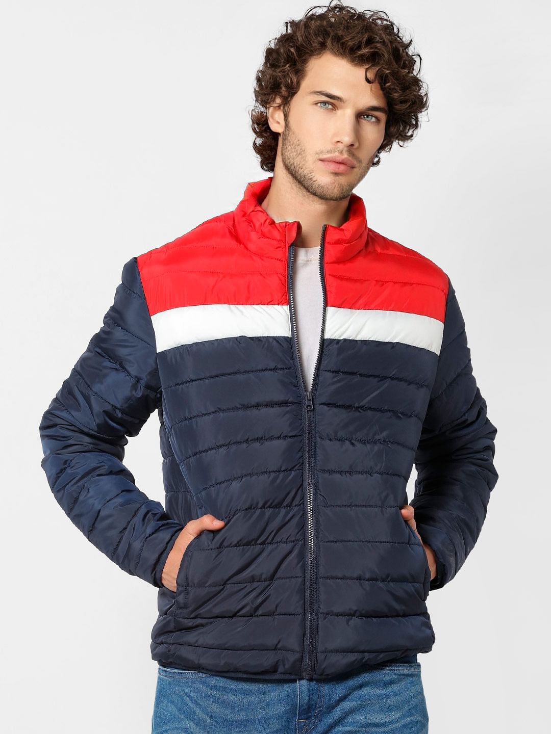 Blue Colourblocked Puffer Jacket