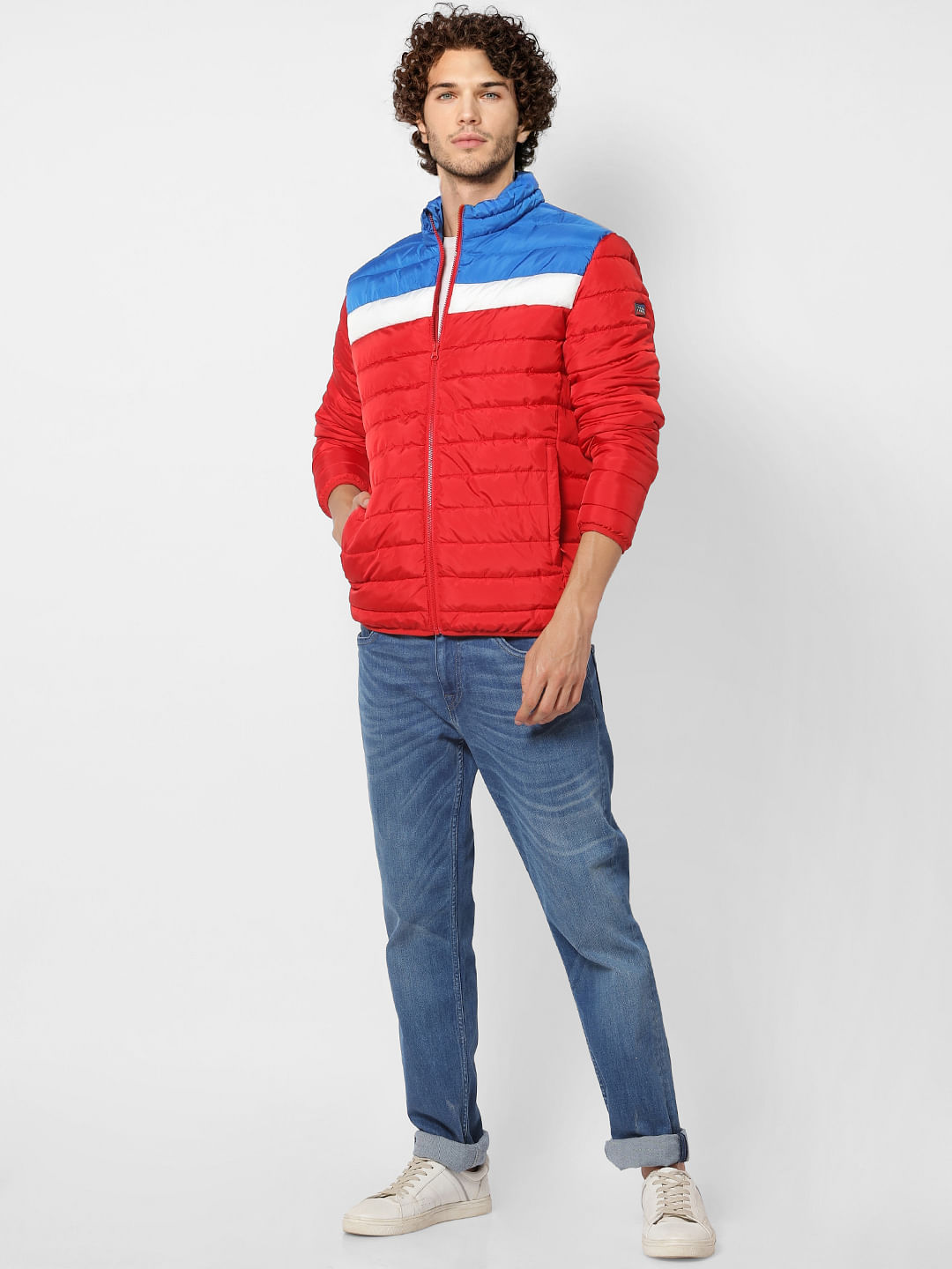 Red Colourblocked Puffer Jacket