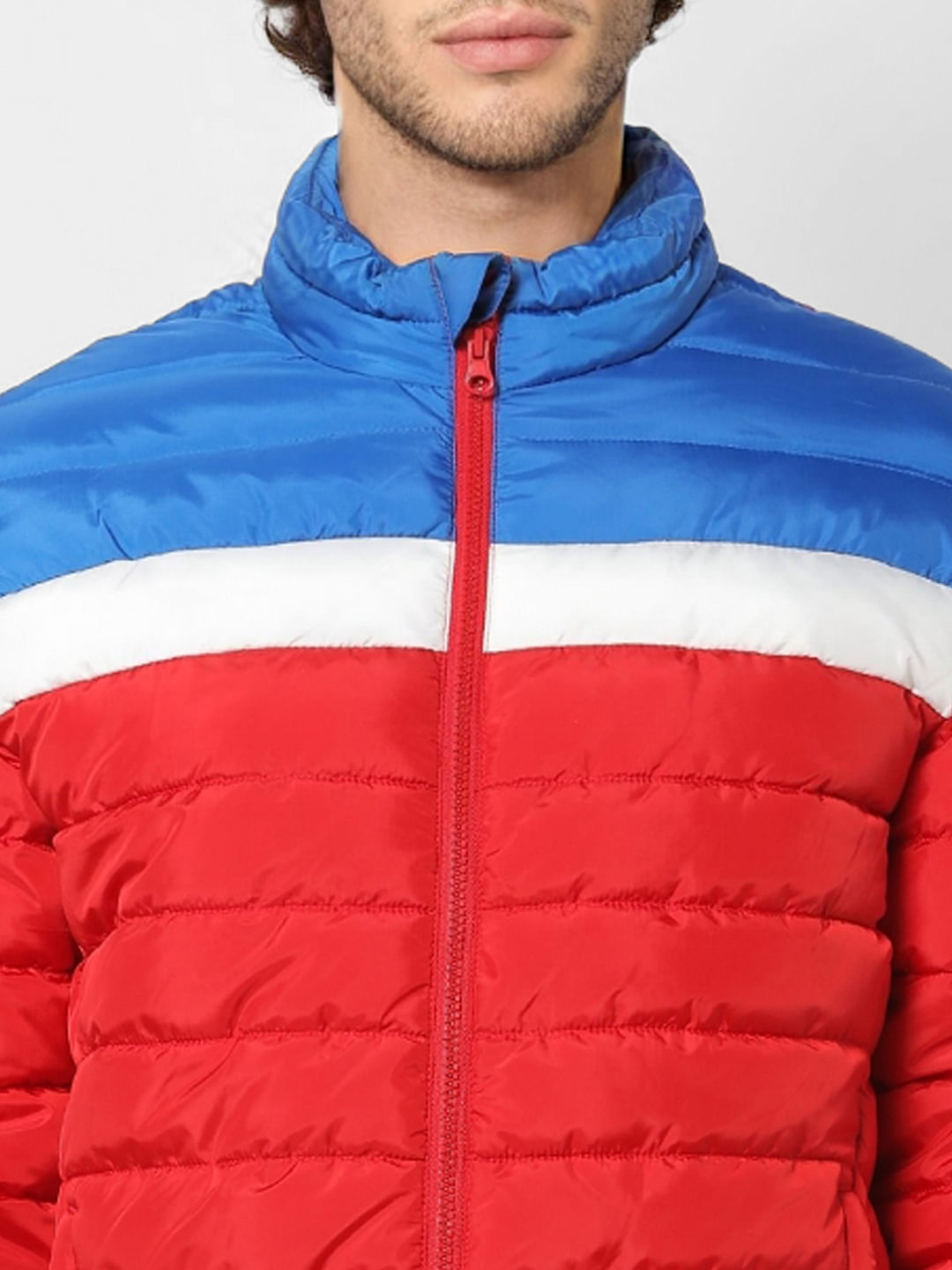 Red Colourblocked Puffer Jacket