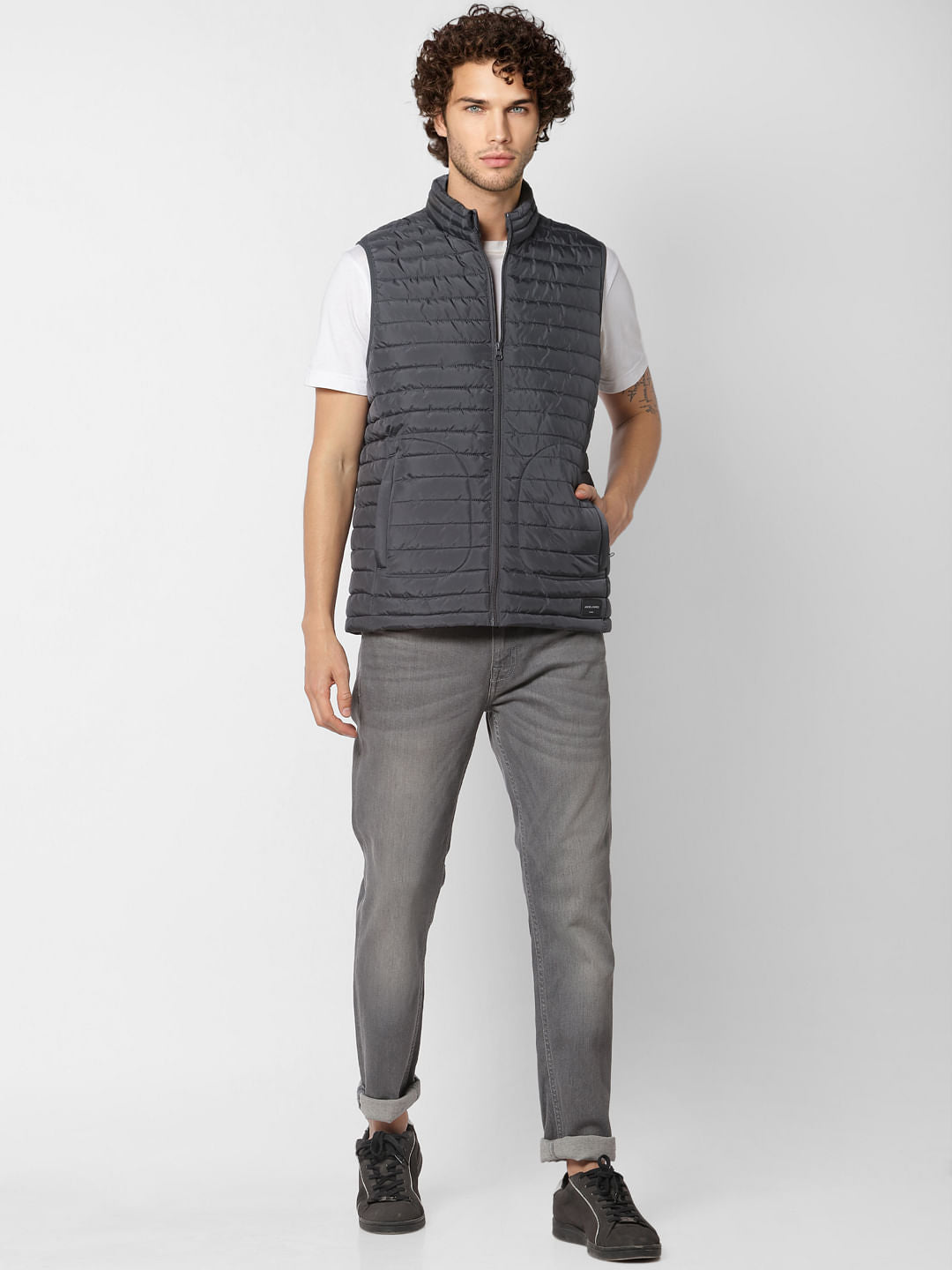 Grey Sleeveless High Neck Puffer Jacket - S