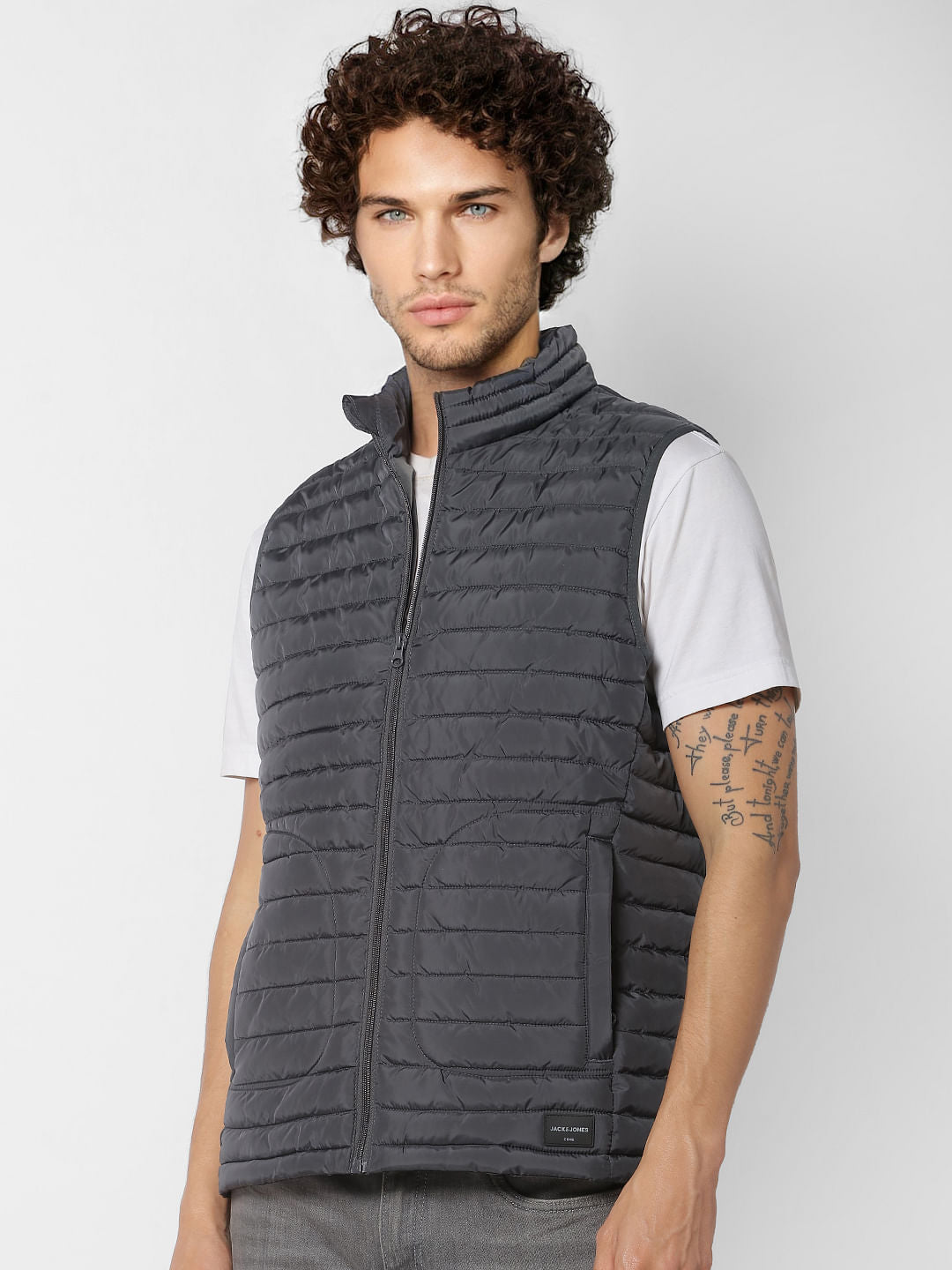 Grey Sleeveless High Neck Puffer Jacket