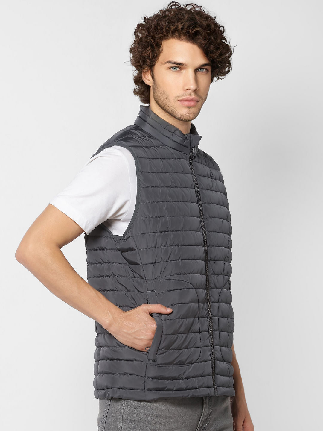 Grey Sleeveless High Neck Puffer Jacket