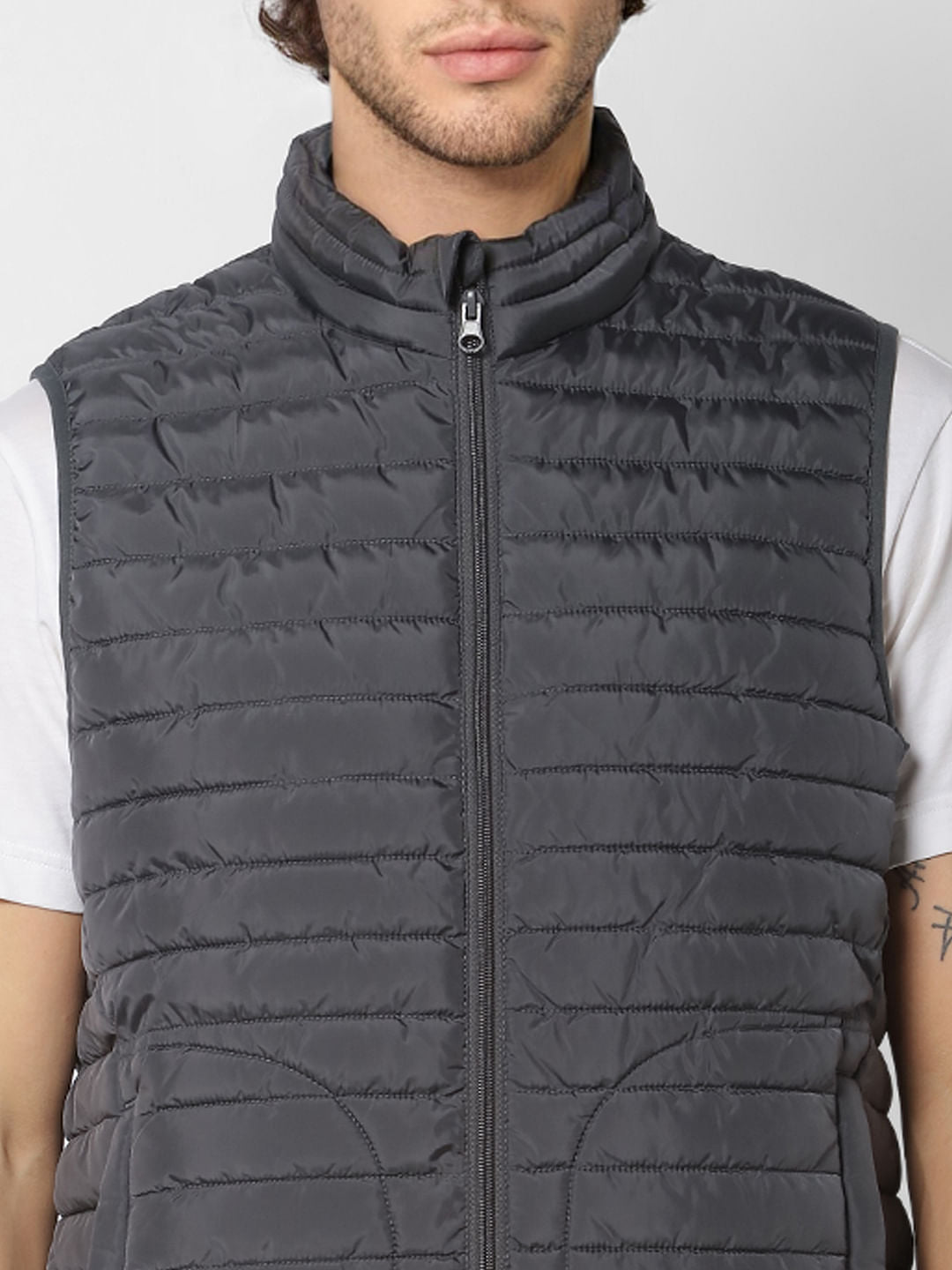 Grey Sleeveless High Neck Puffer Jacket