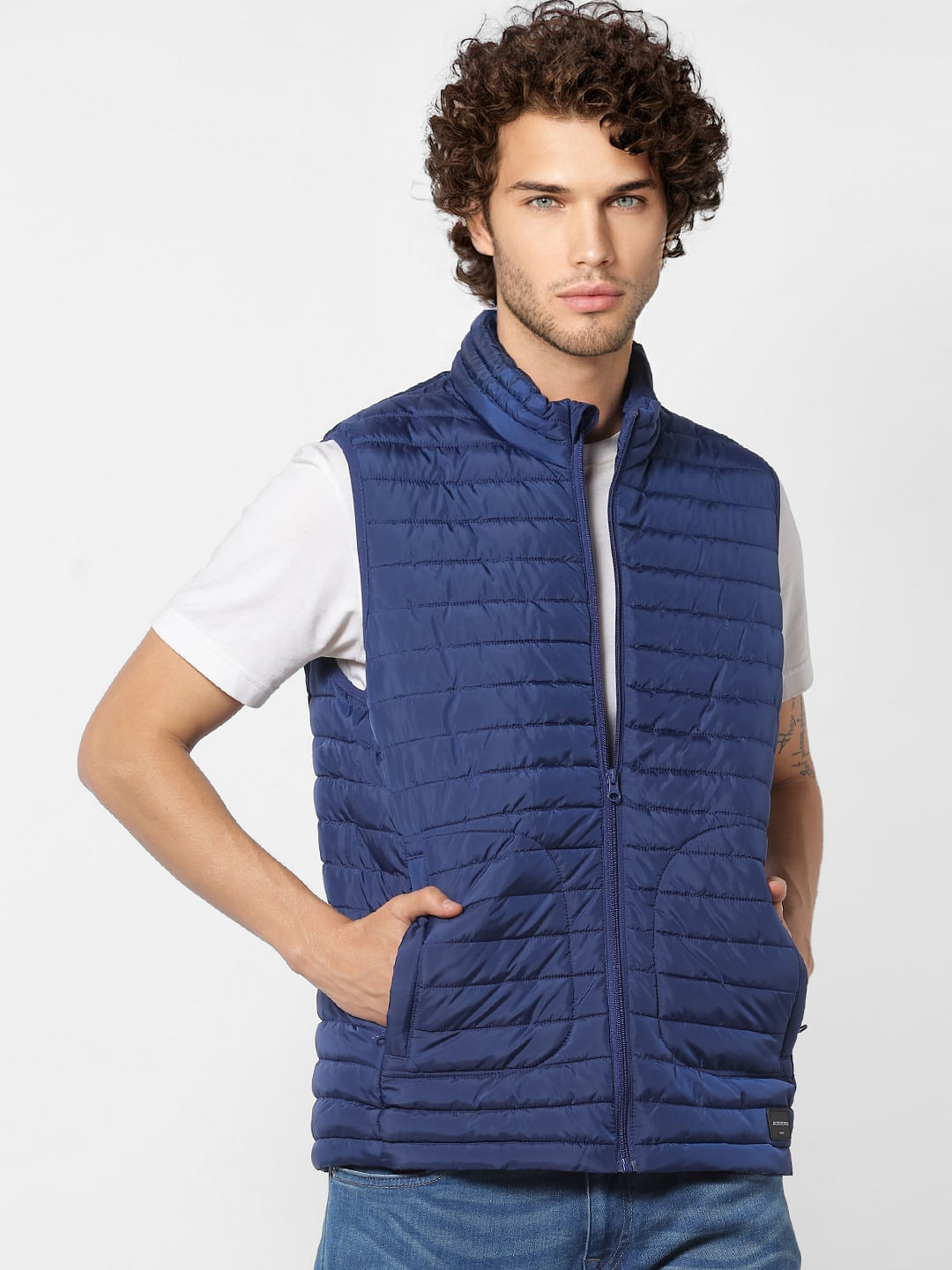 Blue Sleeveless High Neck Puffer Jacket
