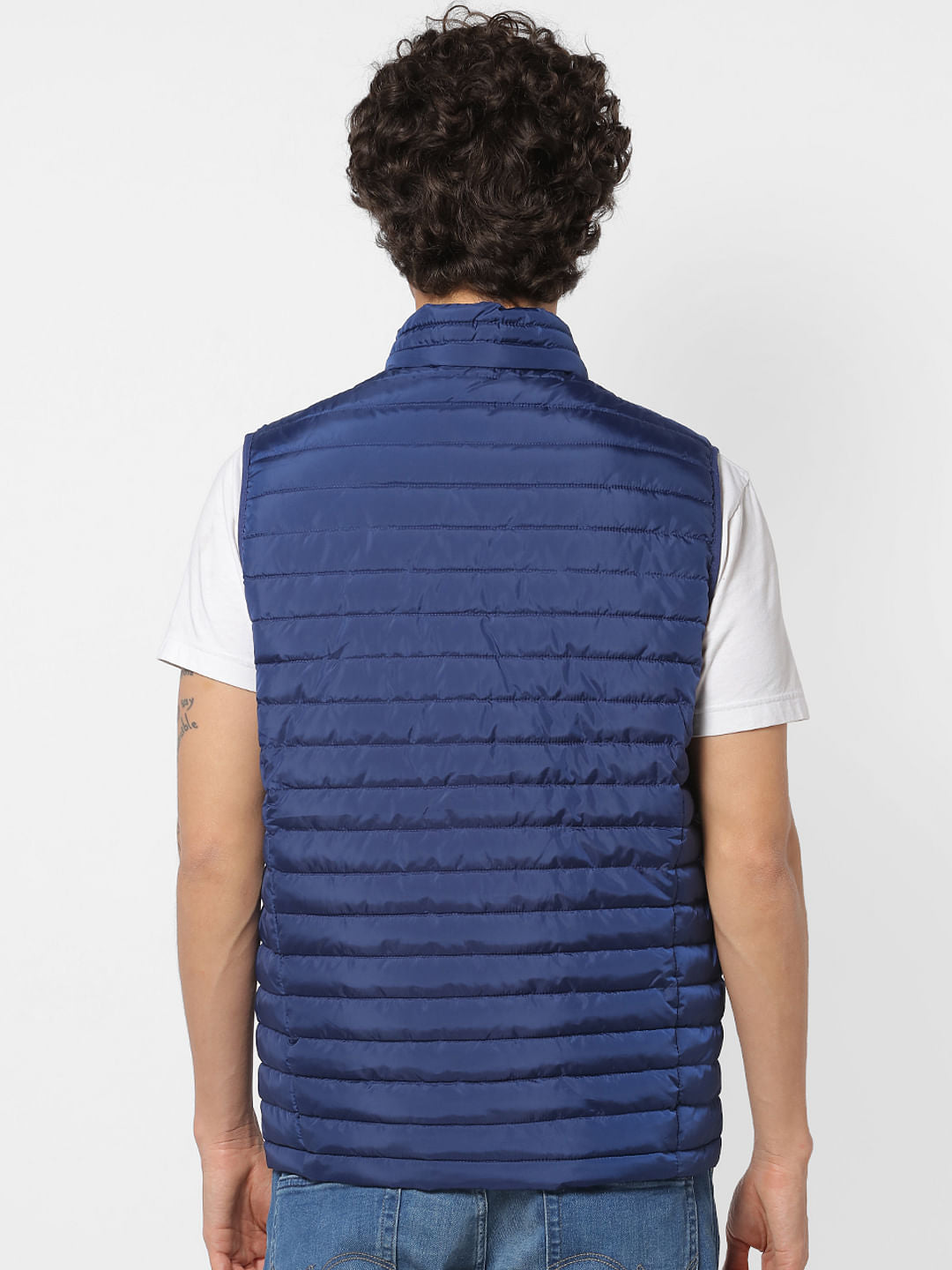 Blue Sleeveless High Neck Puffer Jacket