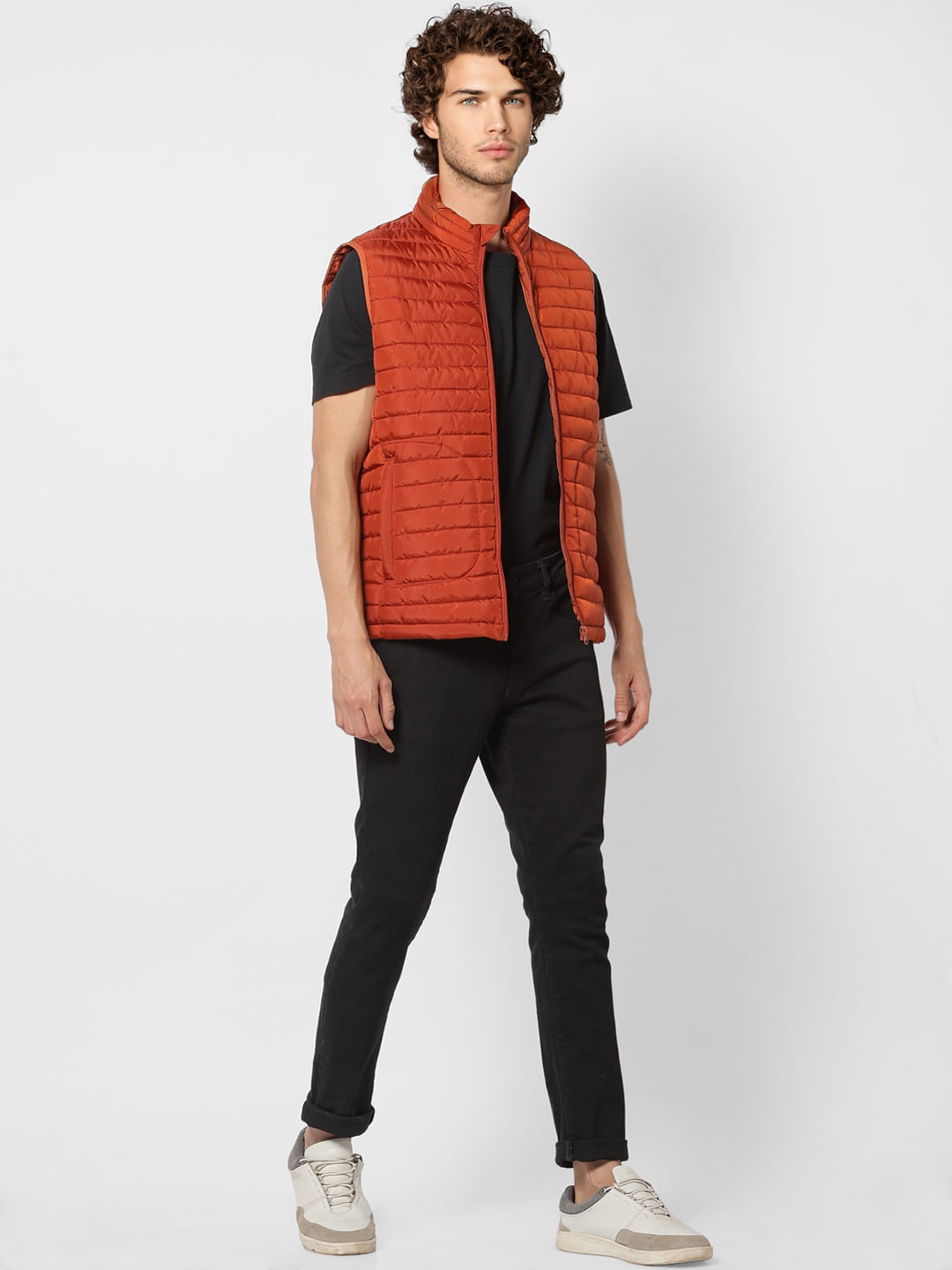 Red Sleeveless High Neck Puffer Jacket - S