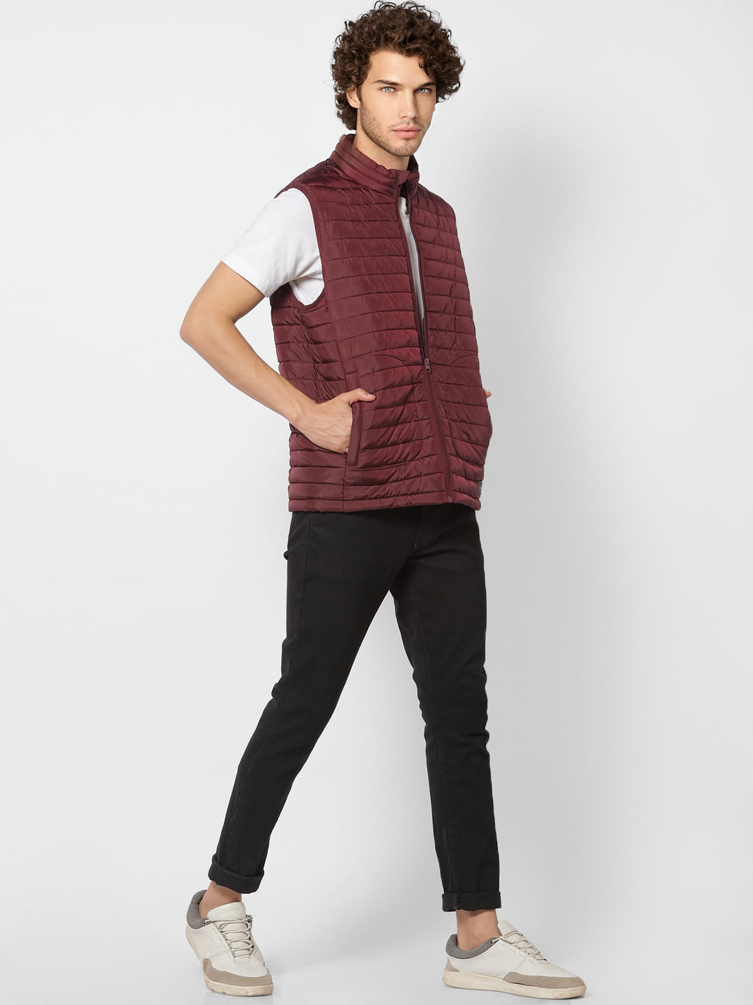 Maroon Sleeveless High Neck Puffer Jacket - S