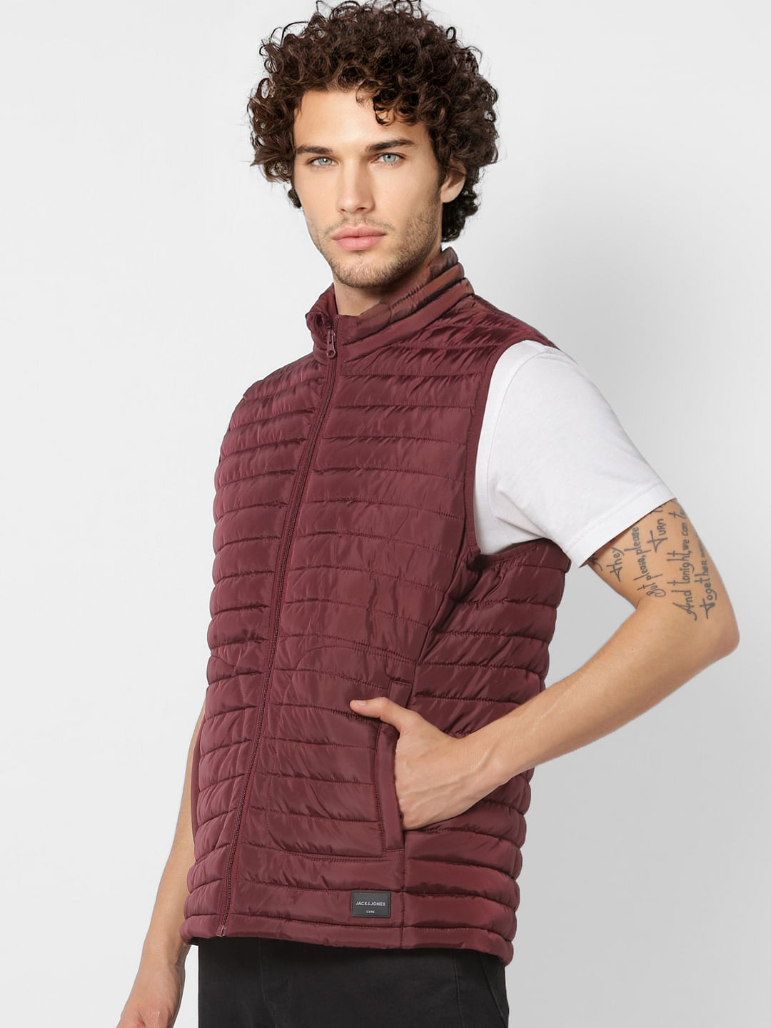 Maroon Sleeveless High Neck Puffer Jacket