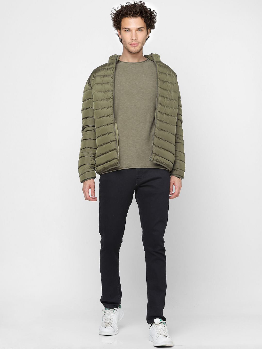 Olive Green High Neck Puffer Jacket - S