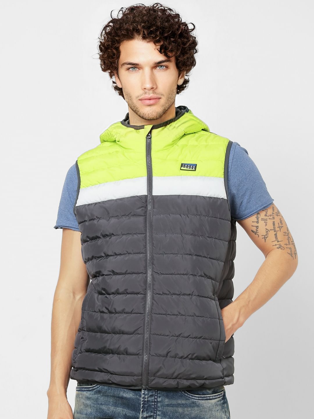 Dark Grey Sleeveless Hooded Puffer Jacket
