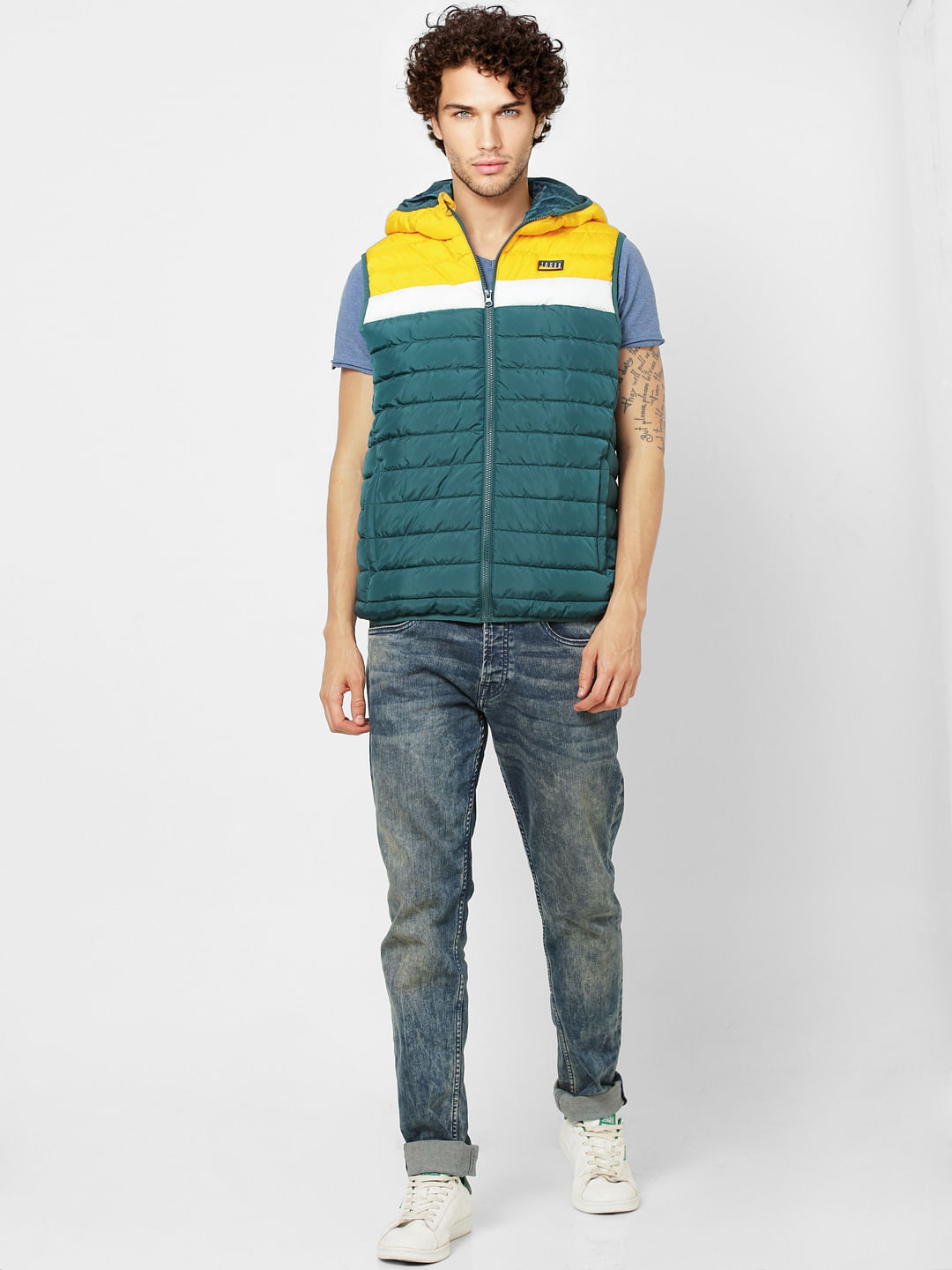 Green Colourblocked Hooded Puffer Jacket - S