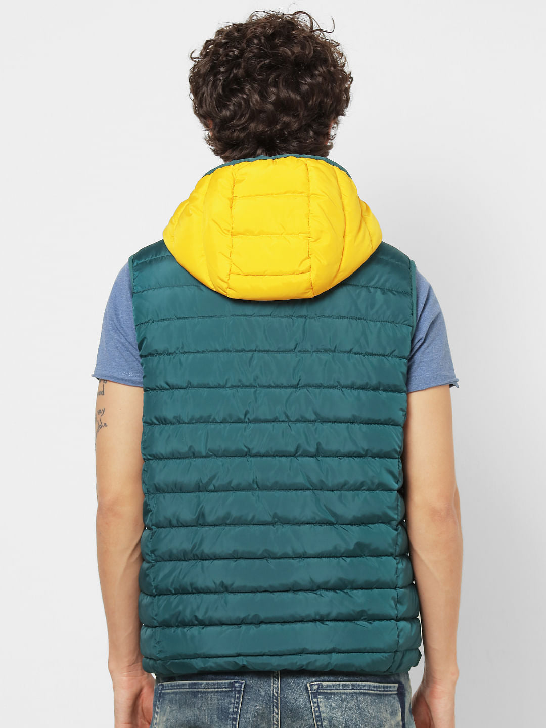 Green Colourblocked Hooded Puffer Jacket