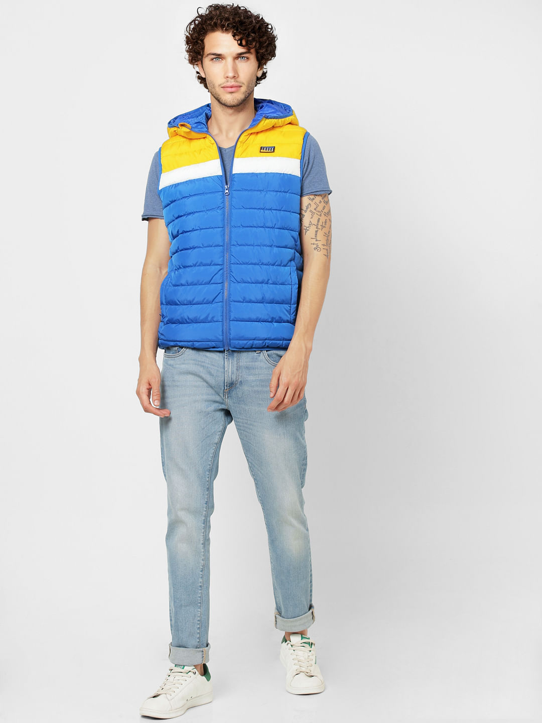 Blue Colourblocked Hooded Puffer Jacket - S