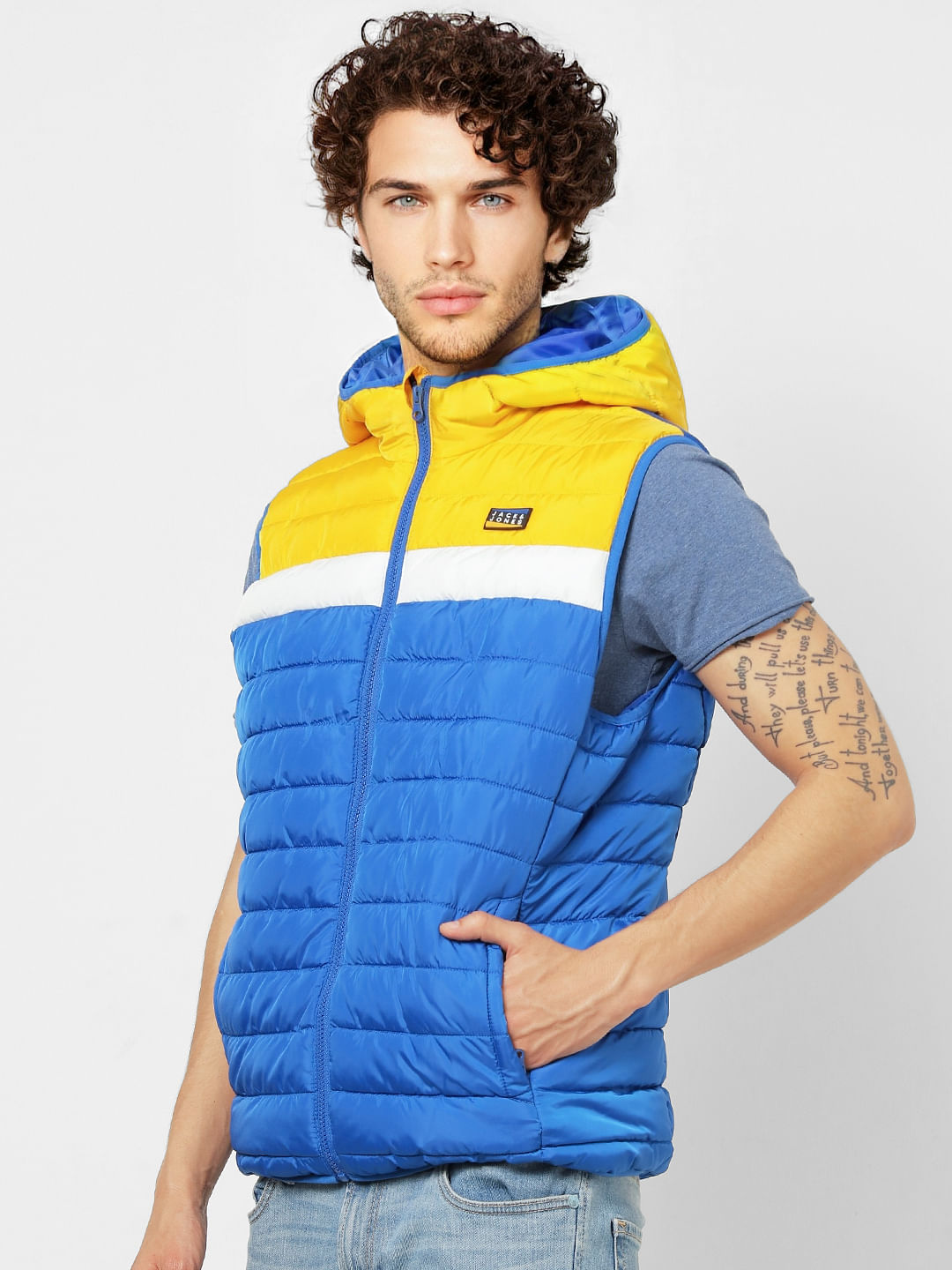 Blue Colourblocked Hooded Puffer Jacket