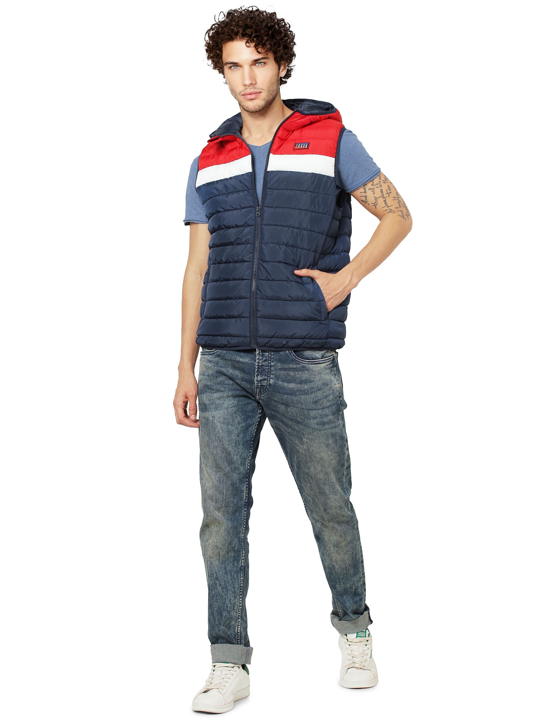 Blue Colourblocked Puffer Jacket - S