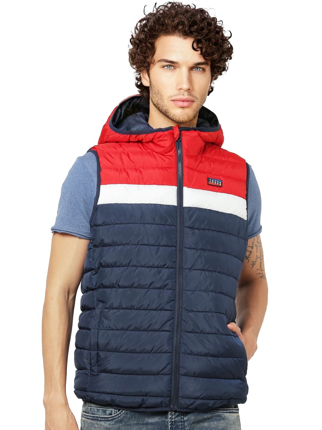 Blue Colourblocked Puffer Jacket