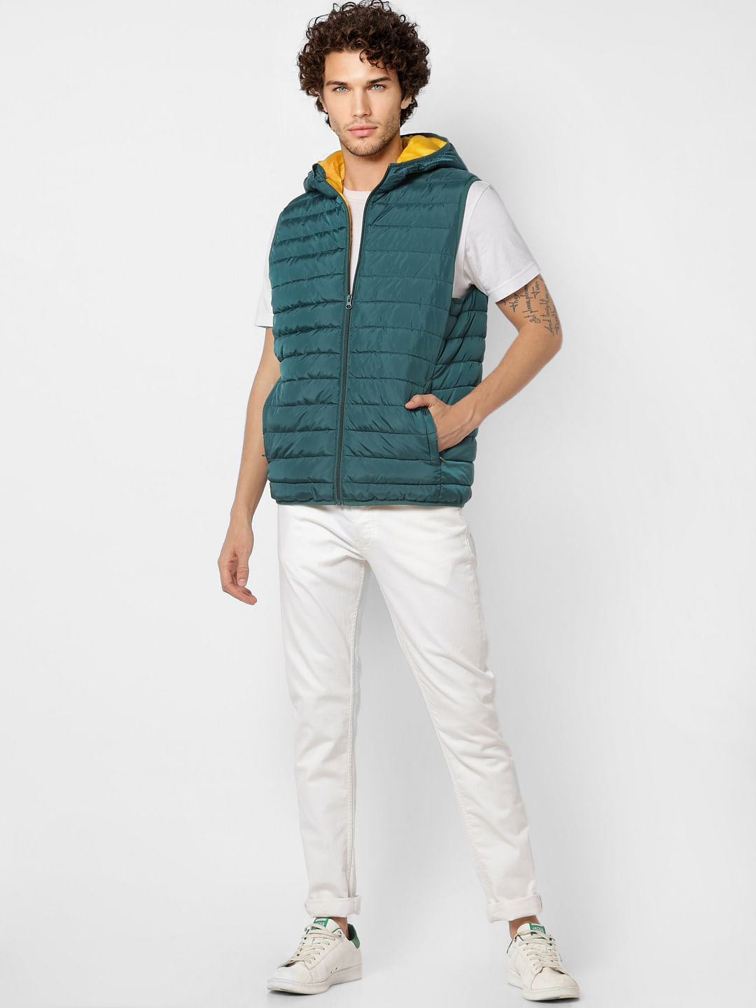 Green Sleeveless Hooded Puffer Jacket - S