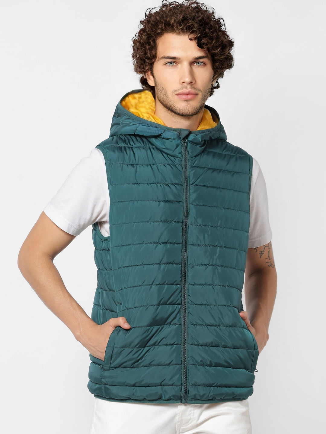 Green Sleeveless Hooded Puffer Jacket