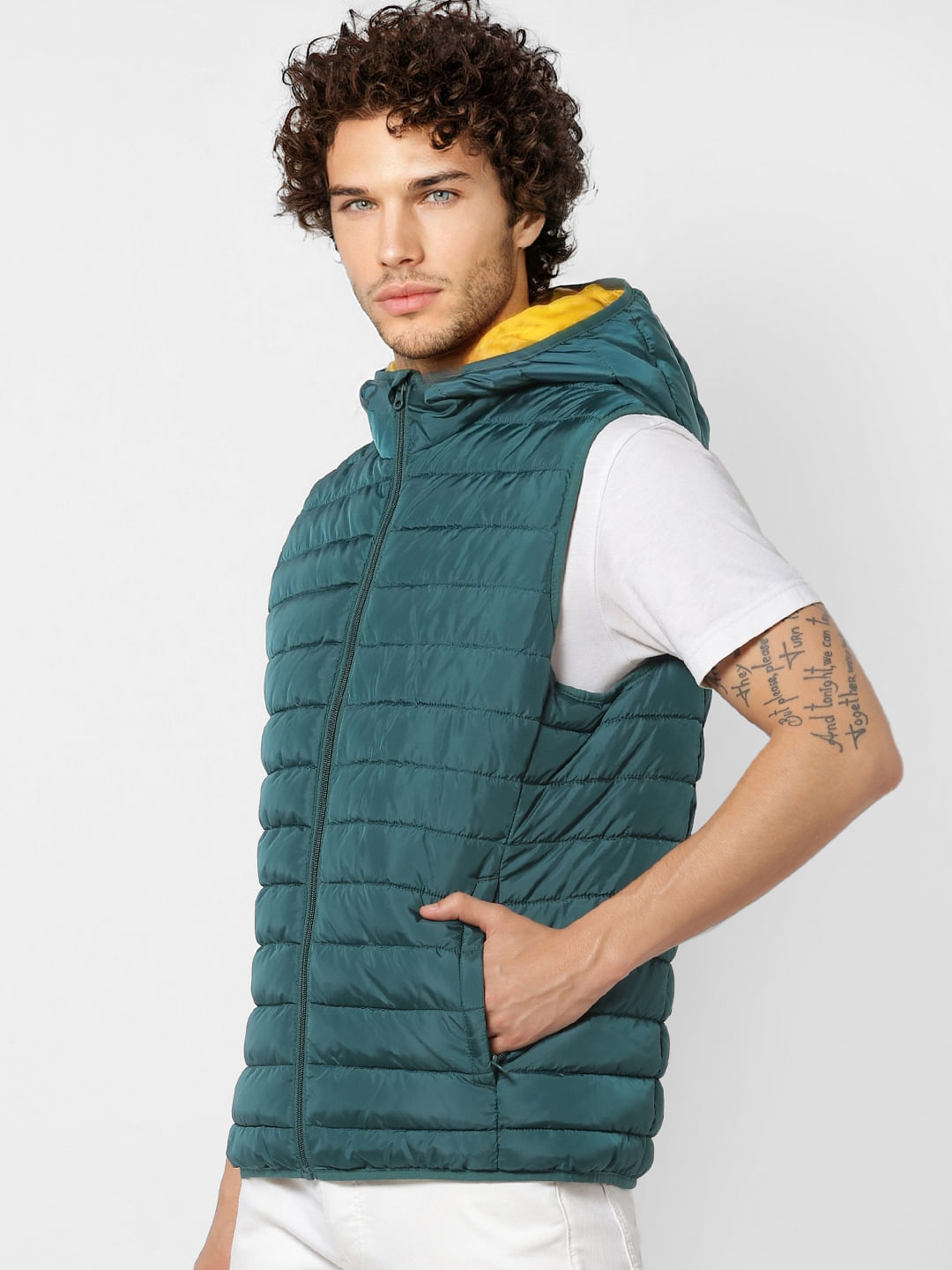 Green Sleeveless Hooded Puffer Jacket