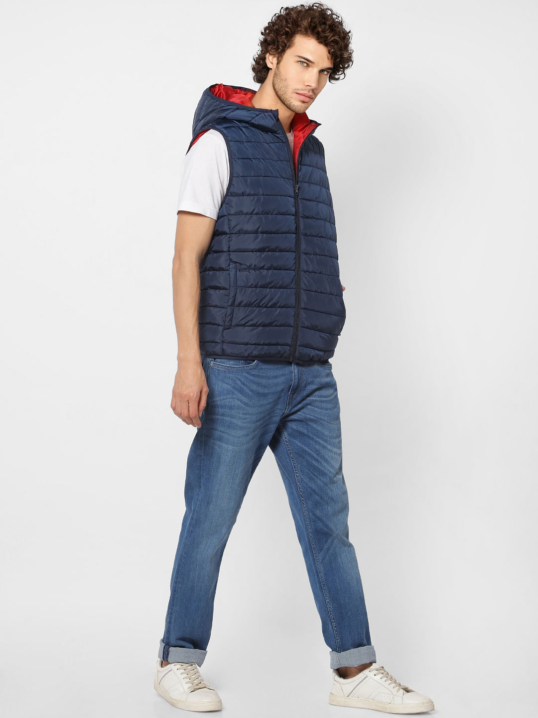 Blue Sleeveless Hooded Puffer Jacket - S