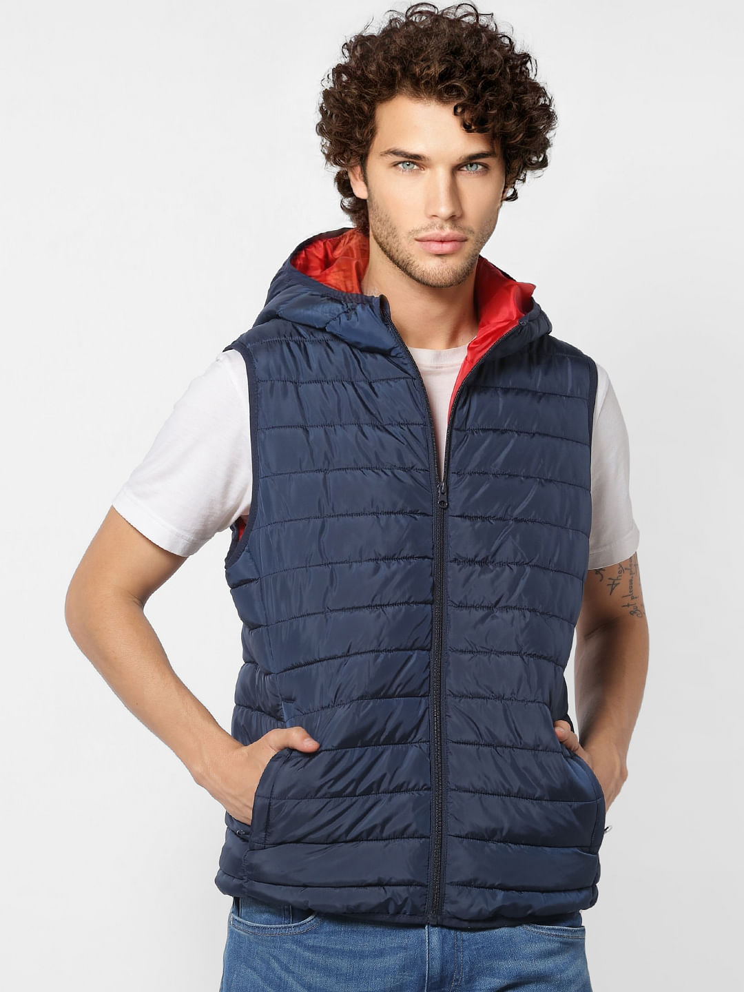 Blue Sleeveless Hooded Puffer Jacket