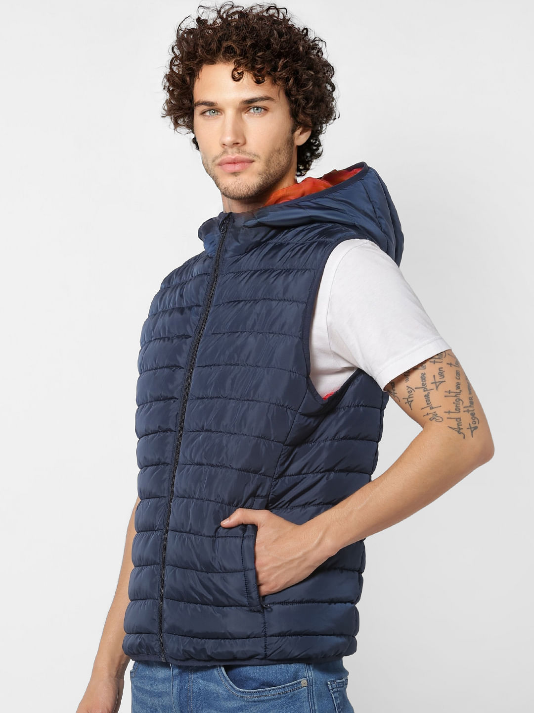 Blue Sleeveless Hooded Puffer Jacket