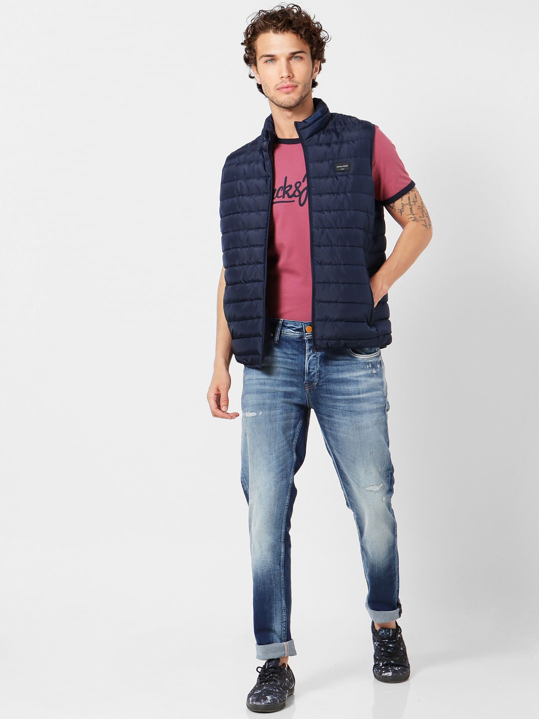 Navy Blue High Neck Sleeveless Puffer Jacket