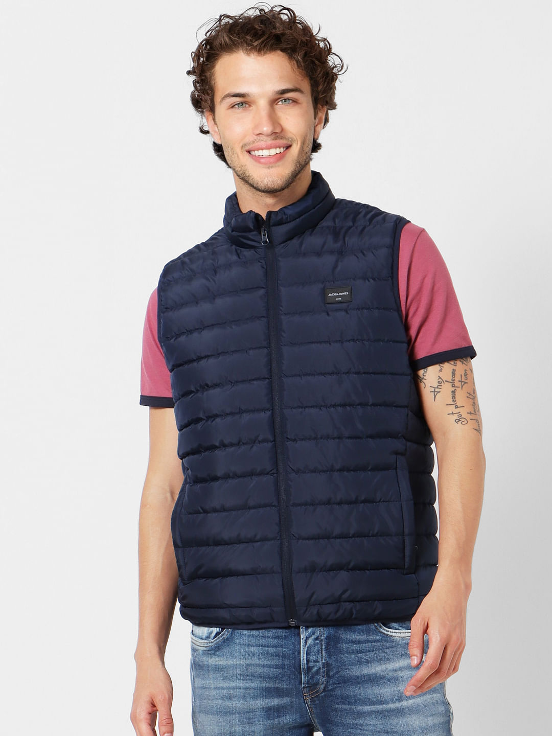 Navy Blue High Neck Sleeveless Puffer Jacket