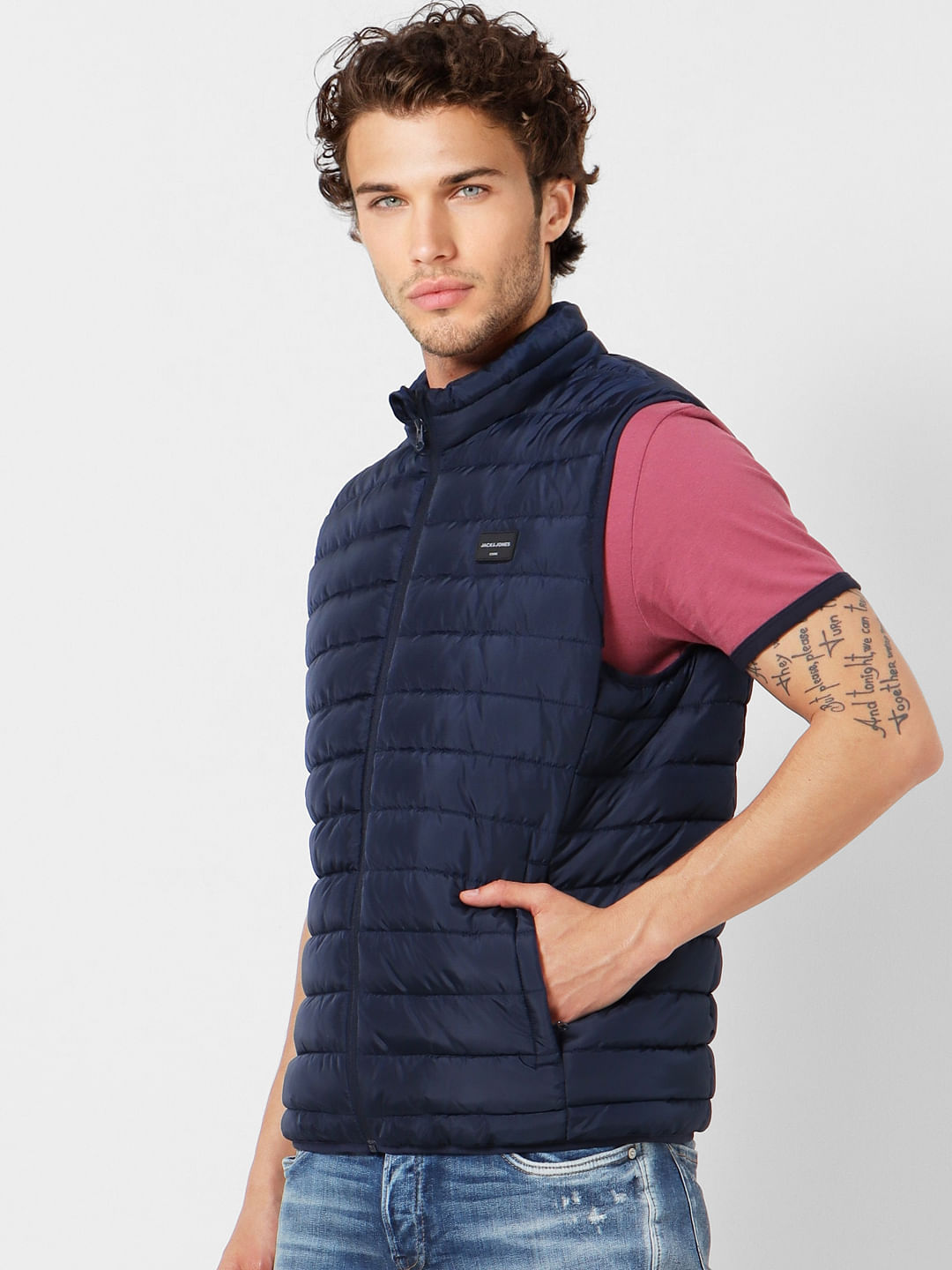 Navy Blue High Neck Sleeveless Puffer Jacket