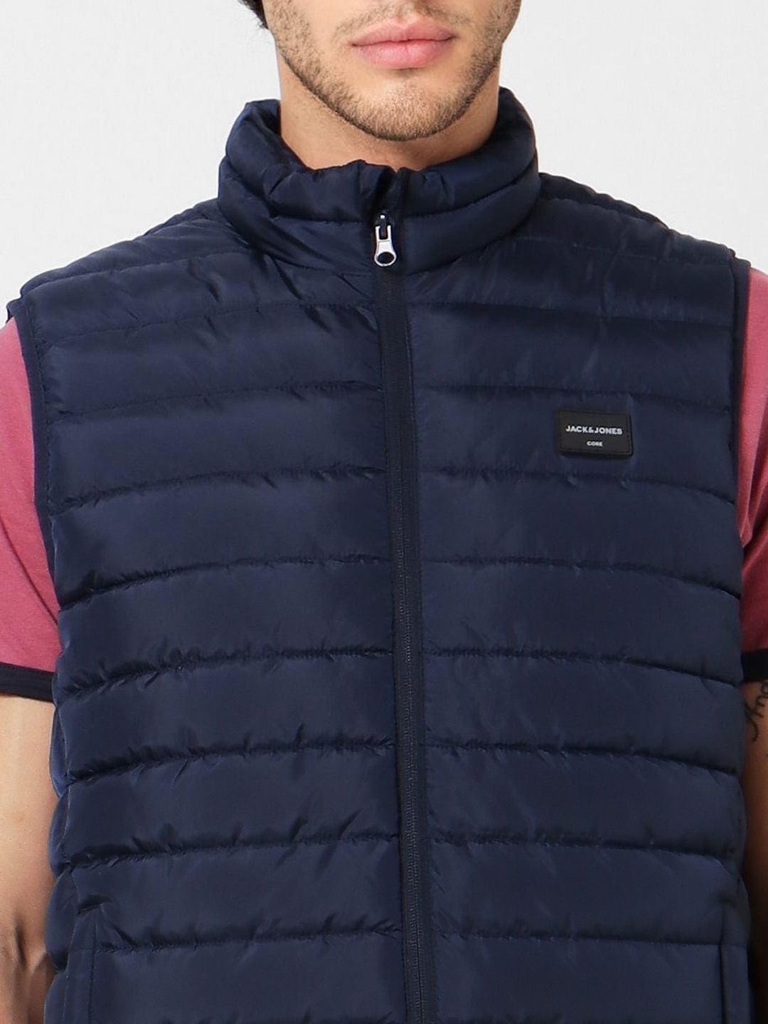 Navy Blue High Neck Sleeveless Puffer Jacket