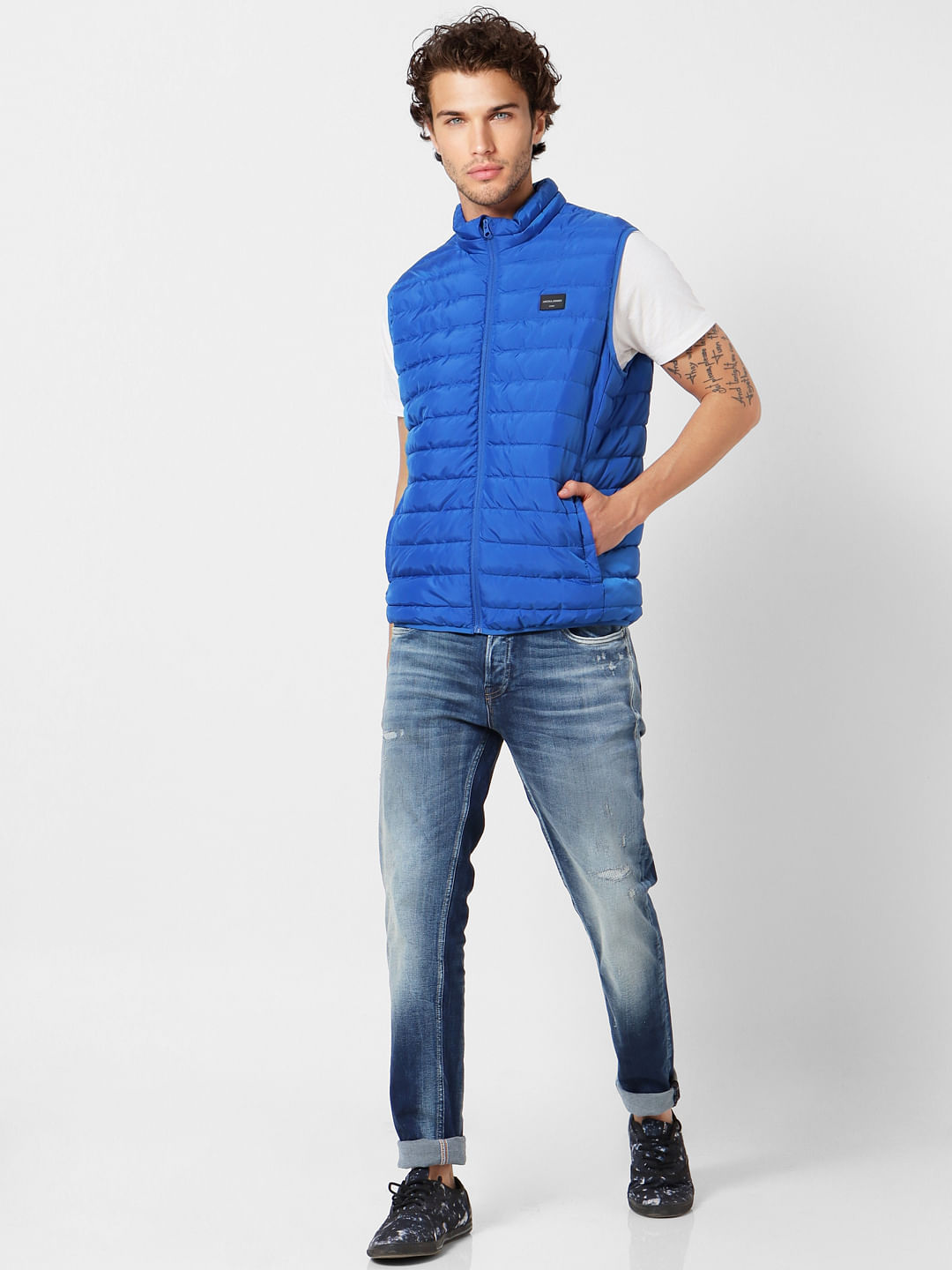 Blue High Neck Sleeveless Puffer Jacket
