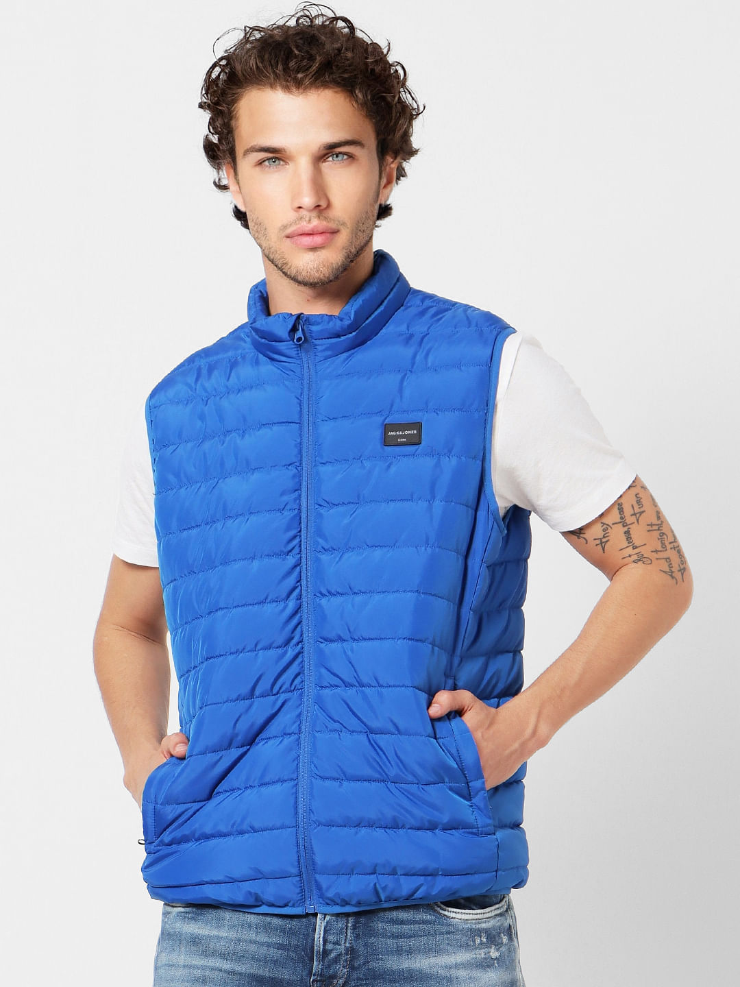 Blue High Neck Sleeveless Puffer Jacket