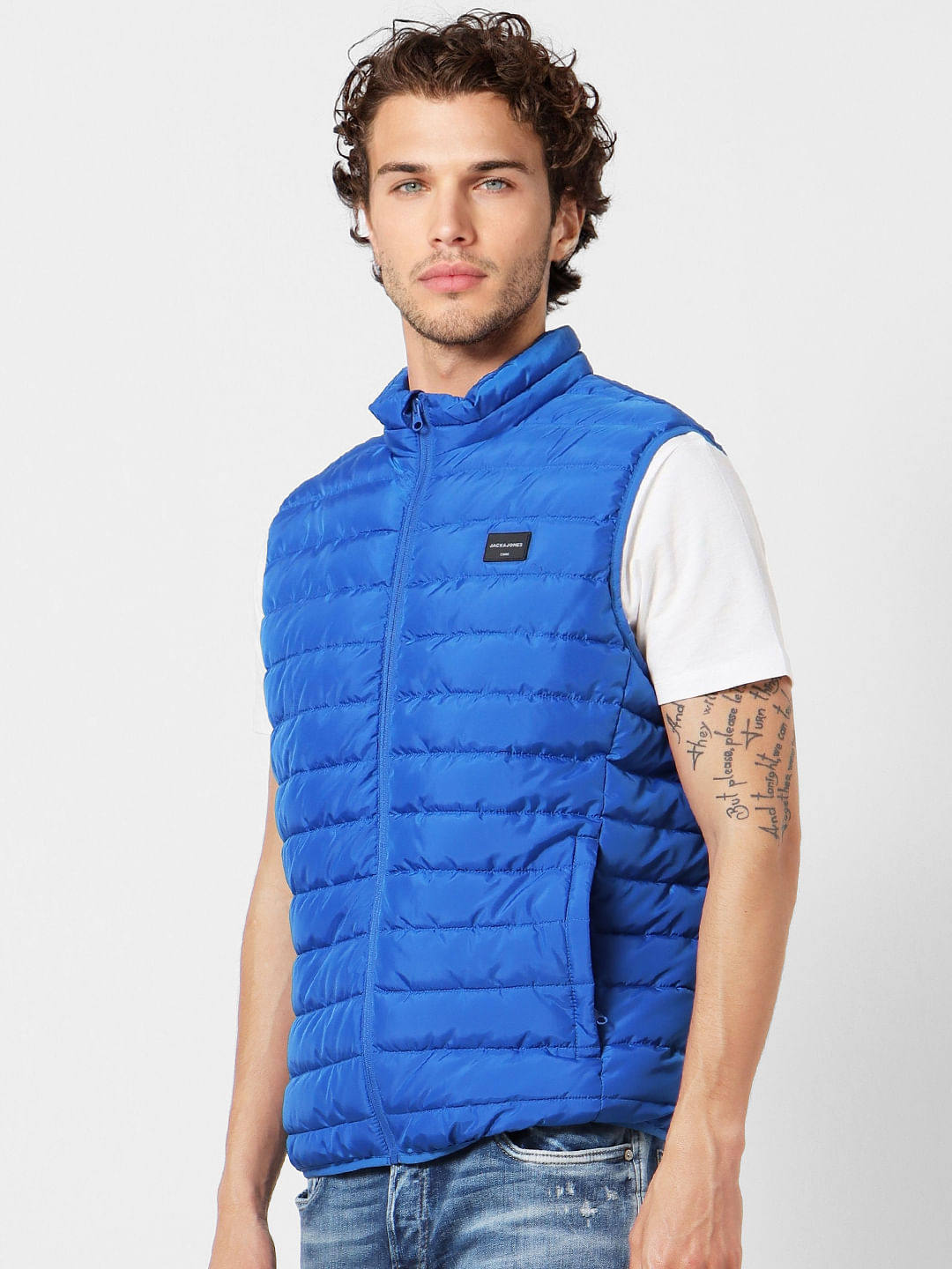 Blue High Neck Sleeveless Puffer Jacket