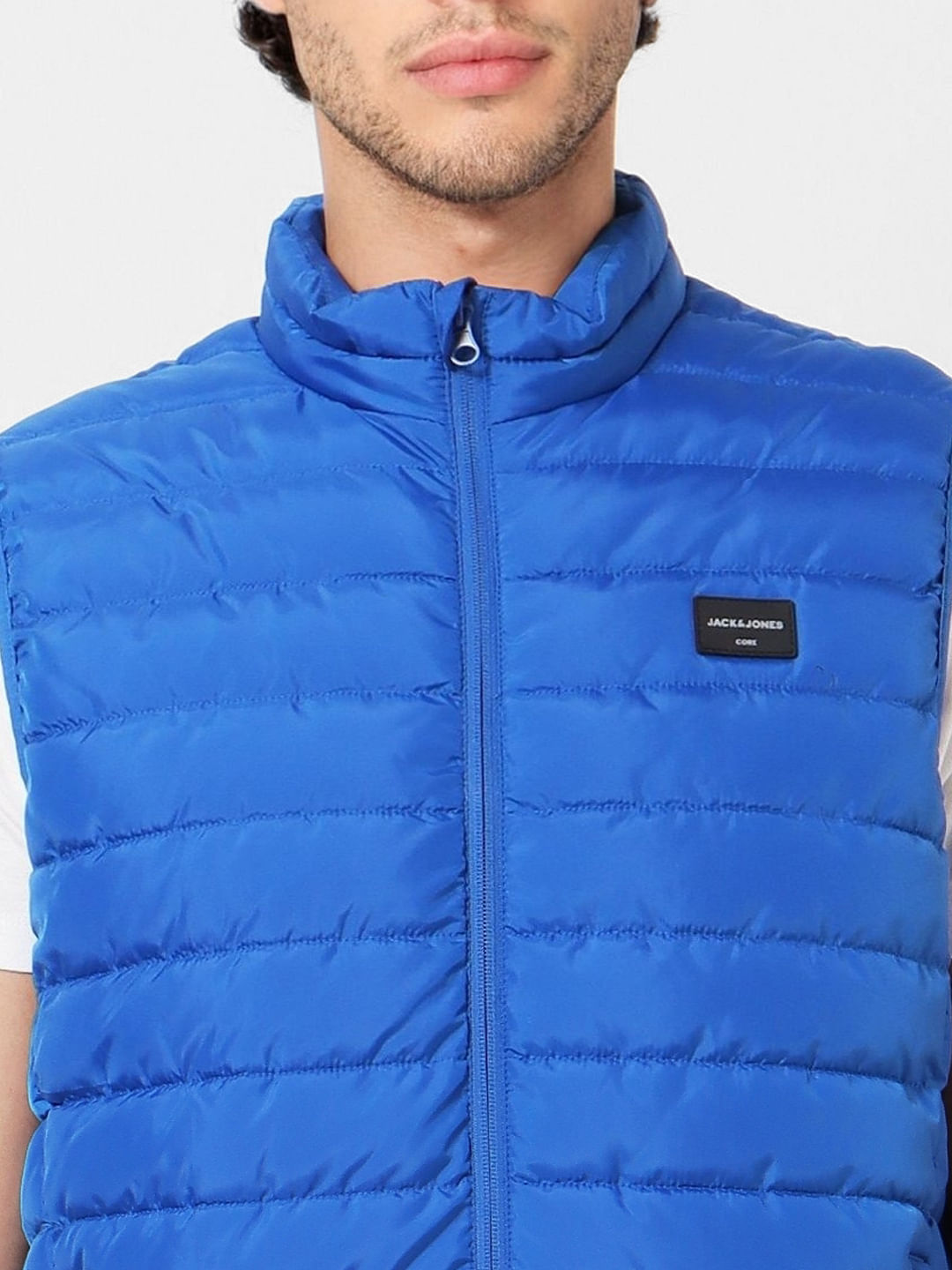 Blue High Neck Sleeveless Puffer Jacket