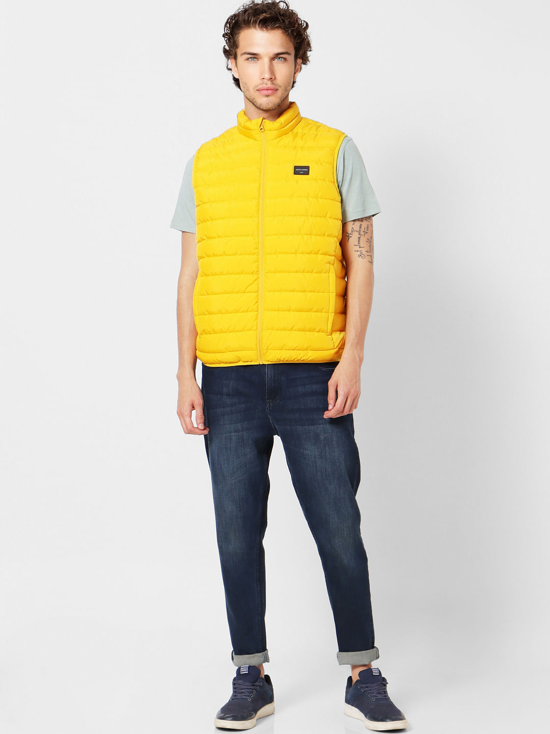 Yellow High Neck Sleeveless Puffer Jacket - S