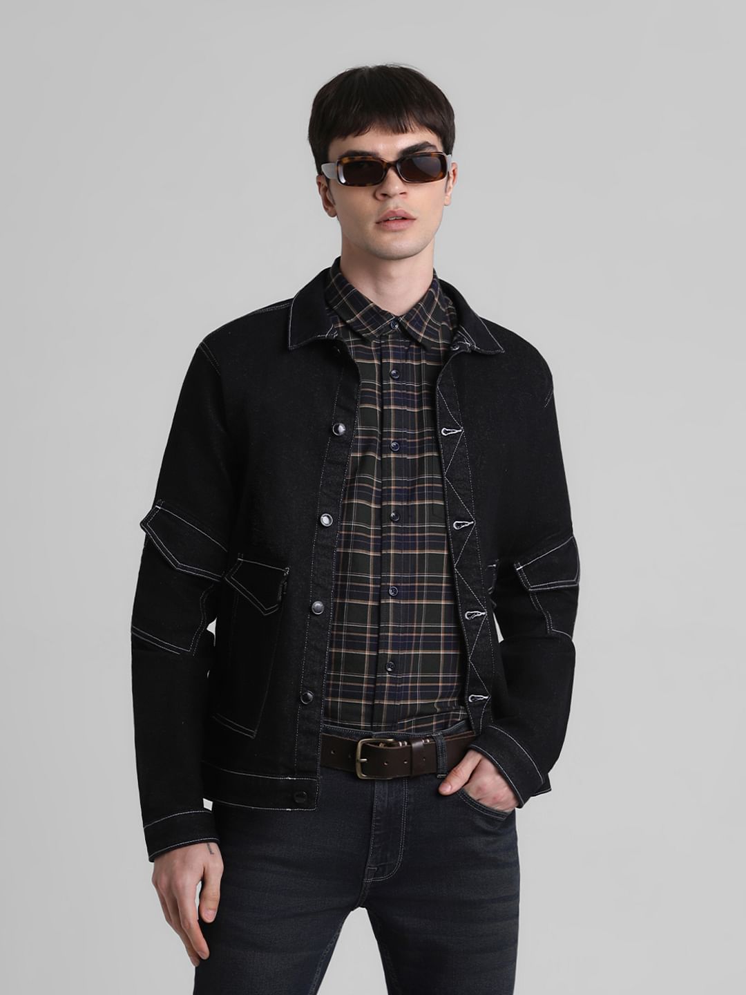 Black Contrast Stitch Shacket - S