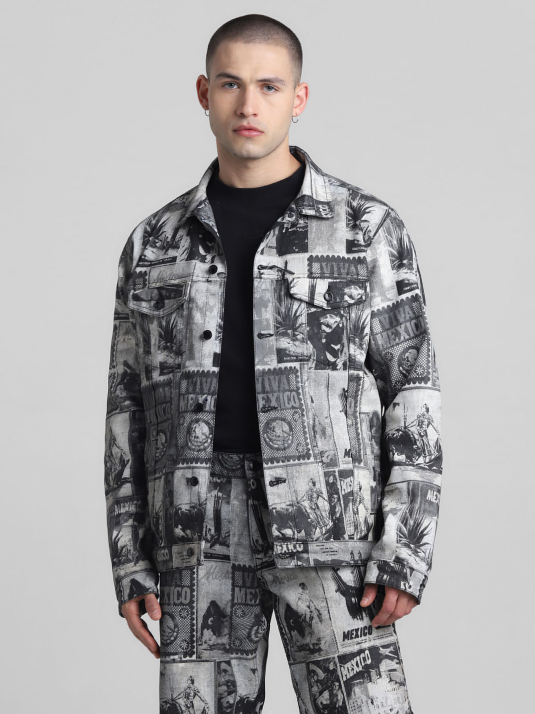 Black Printed Co-ord Set Denim Jacket