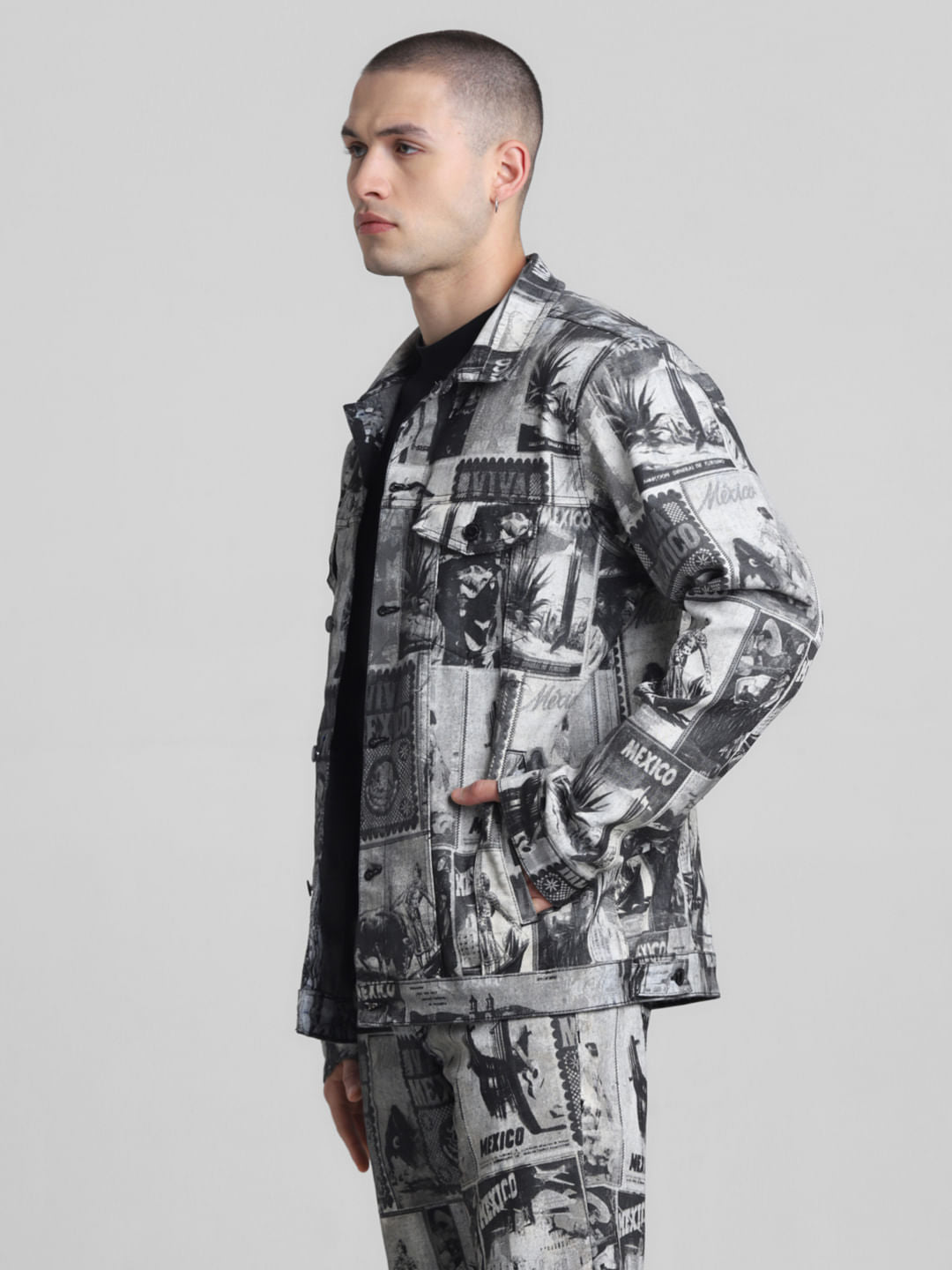 Black Printed Co-ord Set Denim Jacket