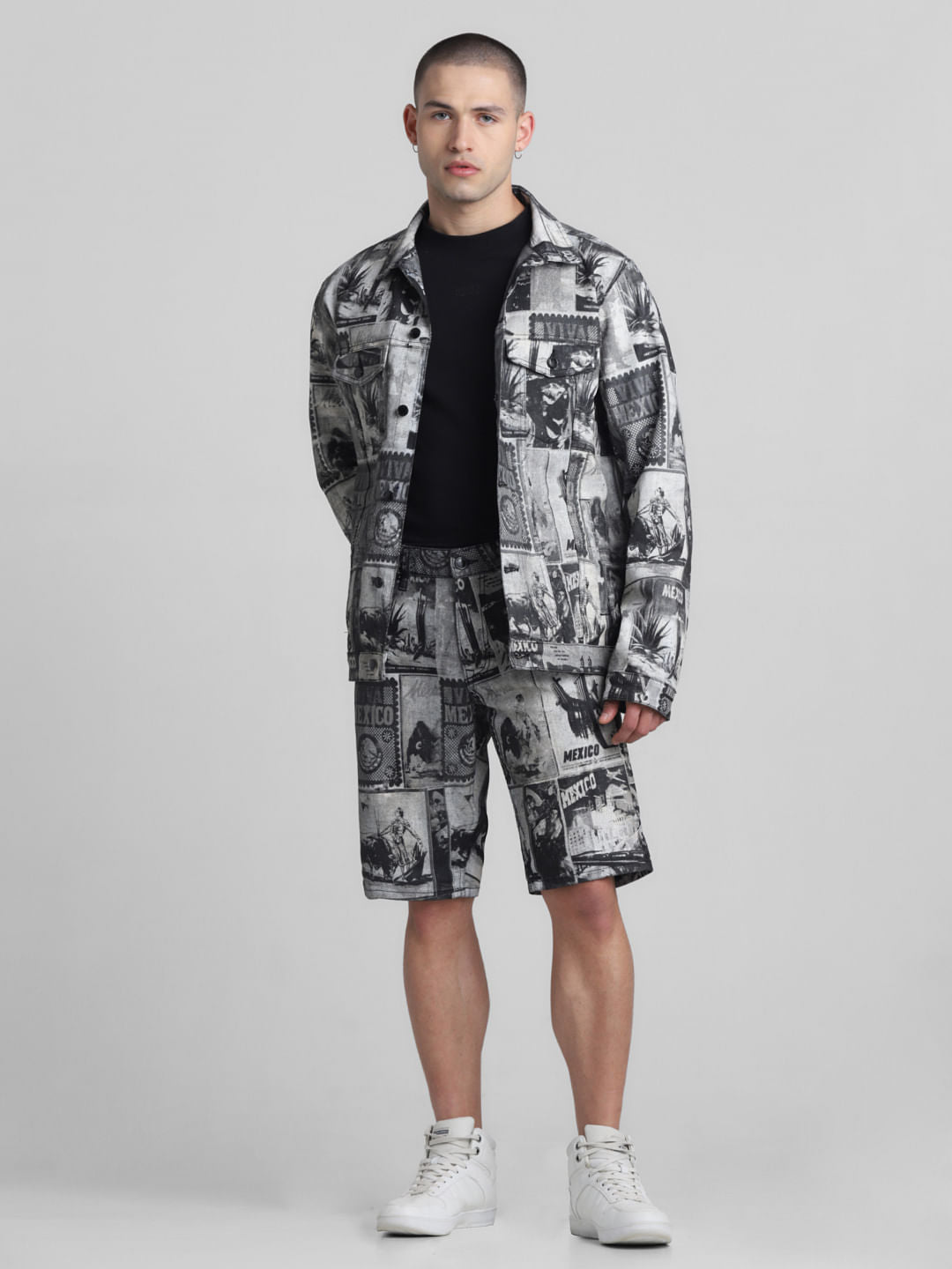 Black Printed Co-ord Set Denim Jacket