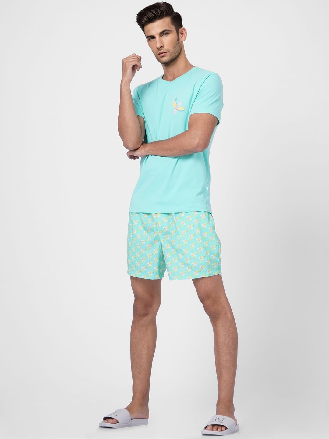 Blue T-shirt & Printed Shorts Set