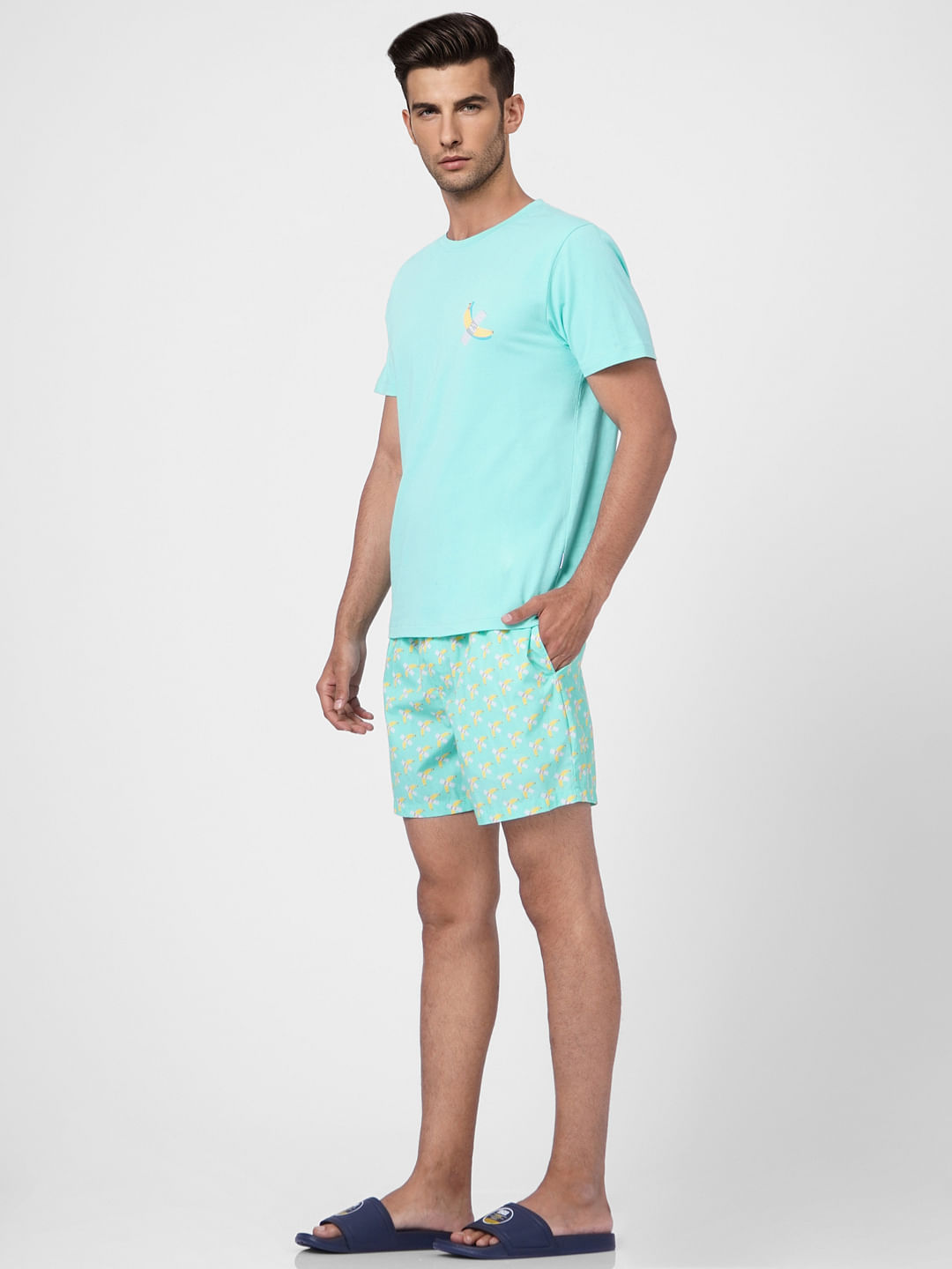 Blue T-shirt & Printed Shorts Set