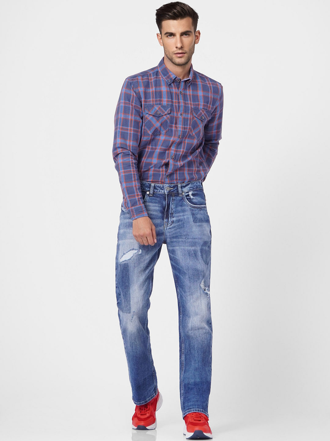 Blue High Rise Torn Bootcut Jeans