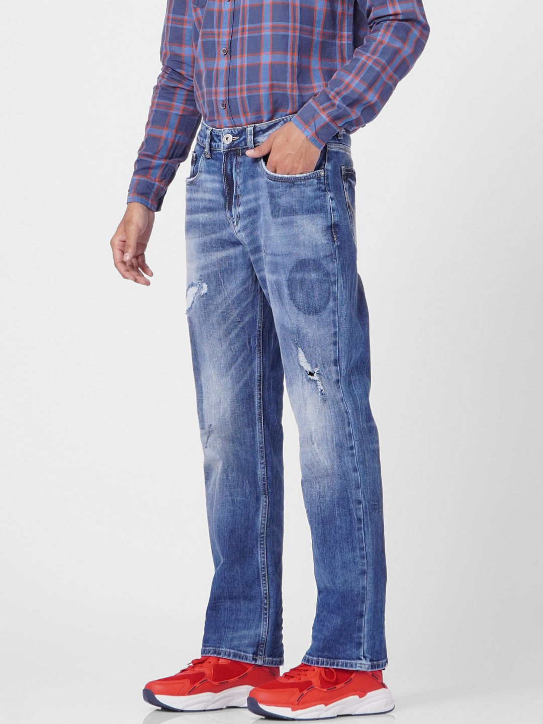 Blue High Rise Torn Bootcut Jeans